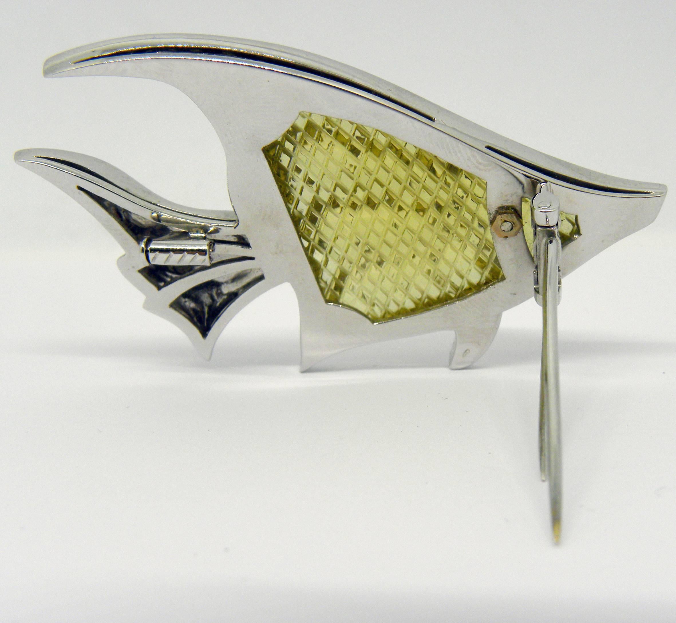 Contemporary Berca One-of-a-kind 43.25 Carat Lemon Quartz White Diamond Angelfish Brooch For Sale