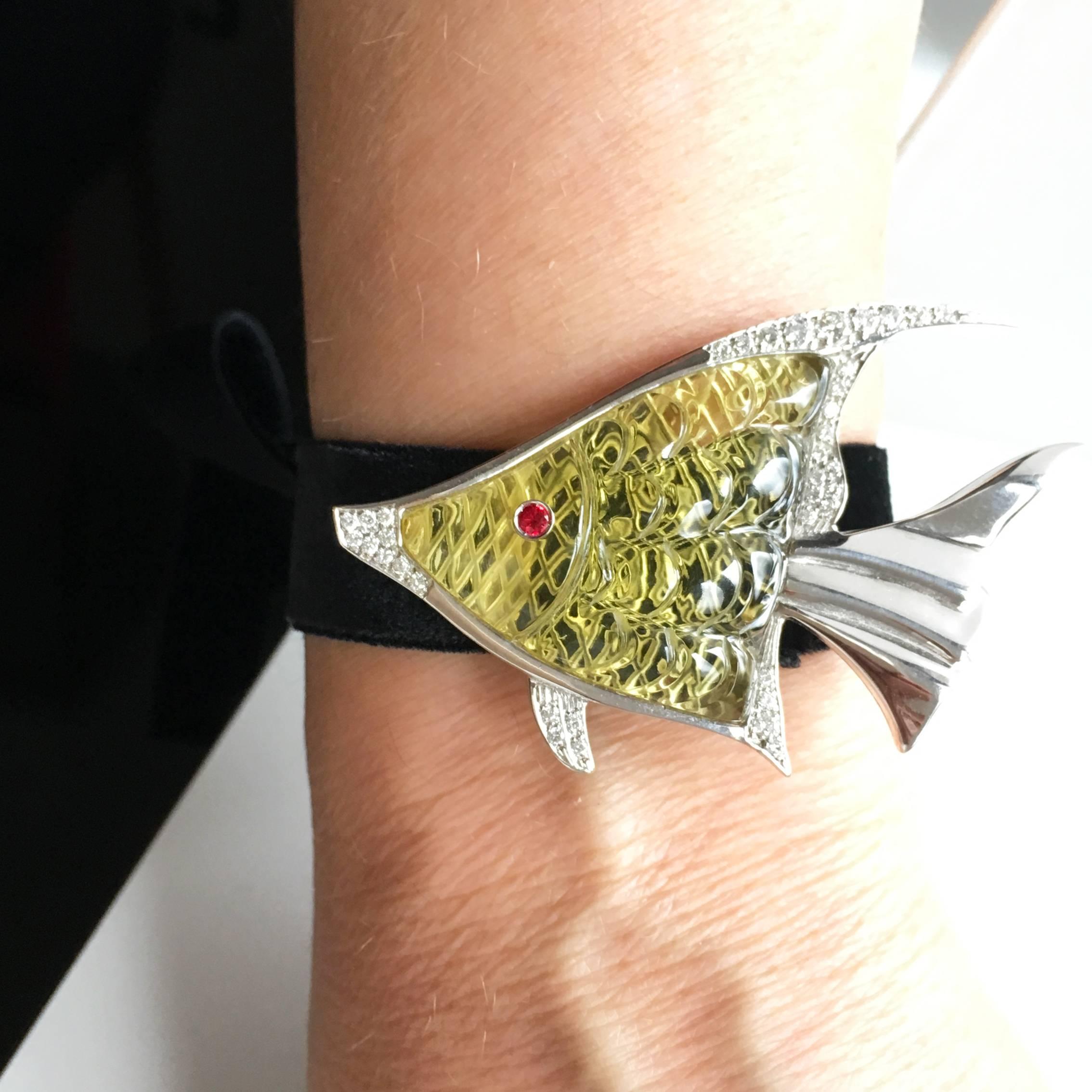 Women's or Men's Berca One-of-a-kind 43.25 Carat Lemon Quartz White Diamond Angelfish Brooch For Sale