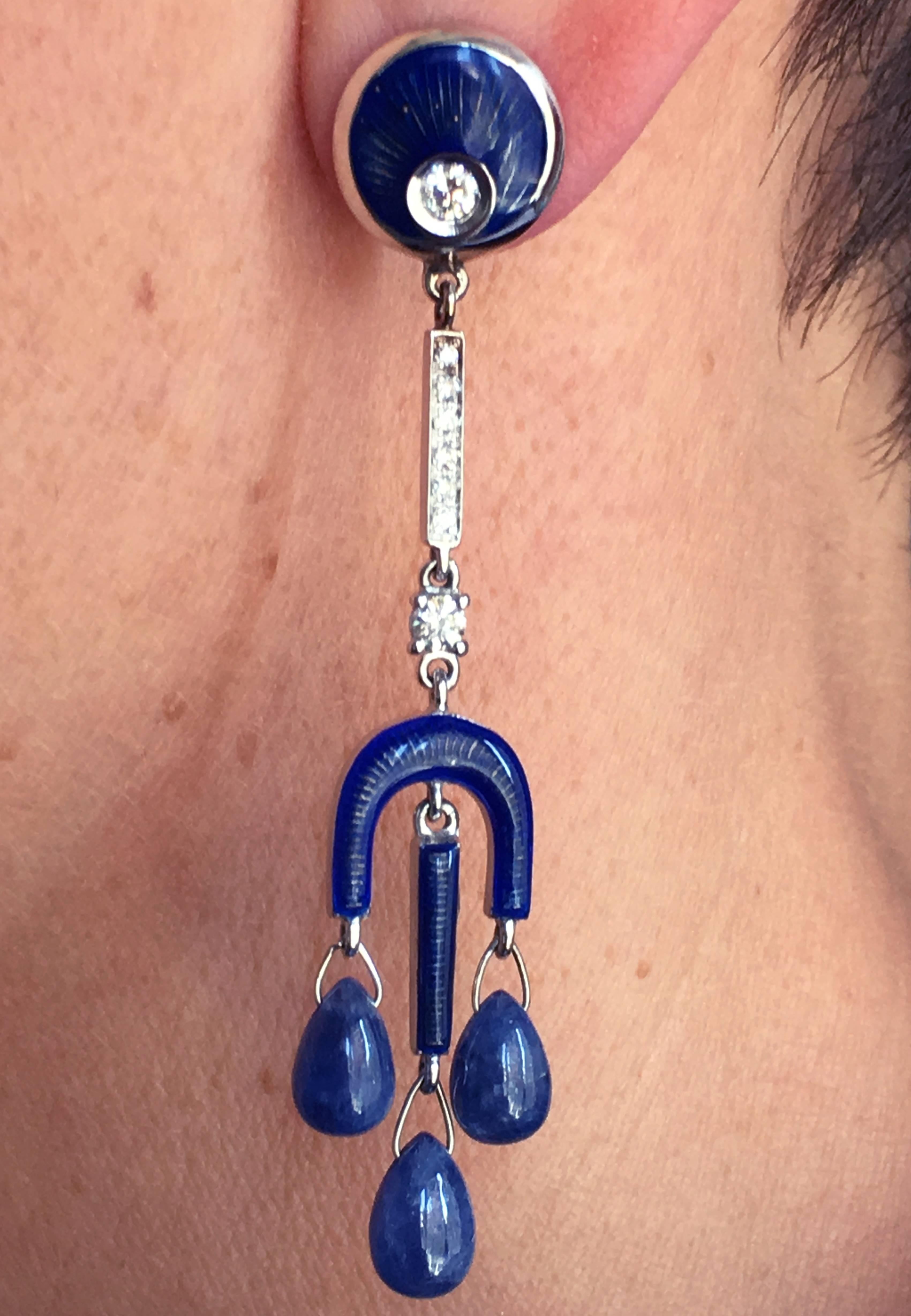 Diamond Blue Sapphire Drop Champlevé Hand Enameled Chandelier Earrings 4