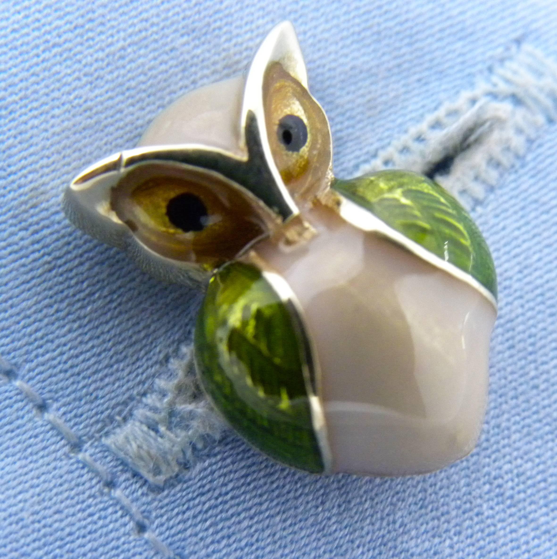 Men's Hand Enameled Little Owl Shaped Lapis Stick Back Yellow Gold Cufflinks