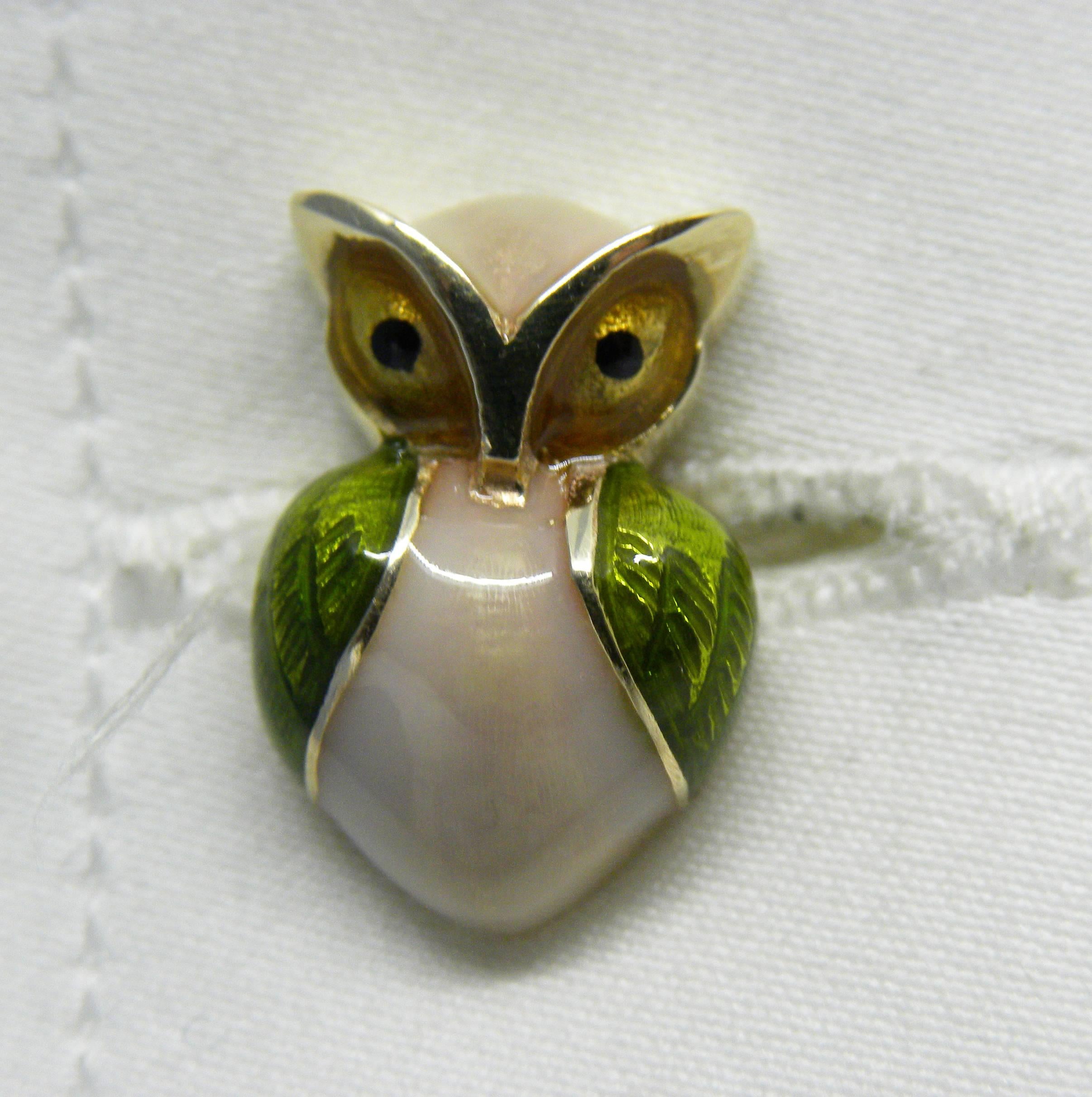 Hand Enameled Little Owl Shaped Lapis Stick Back Yellow Gold Cufflinks 1