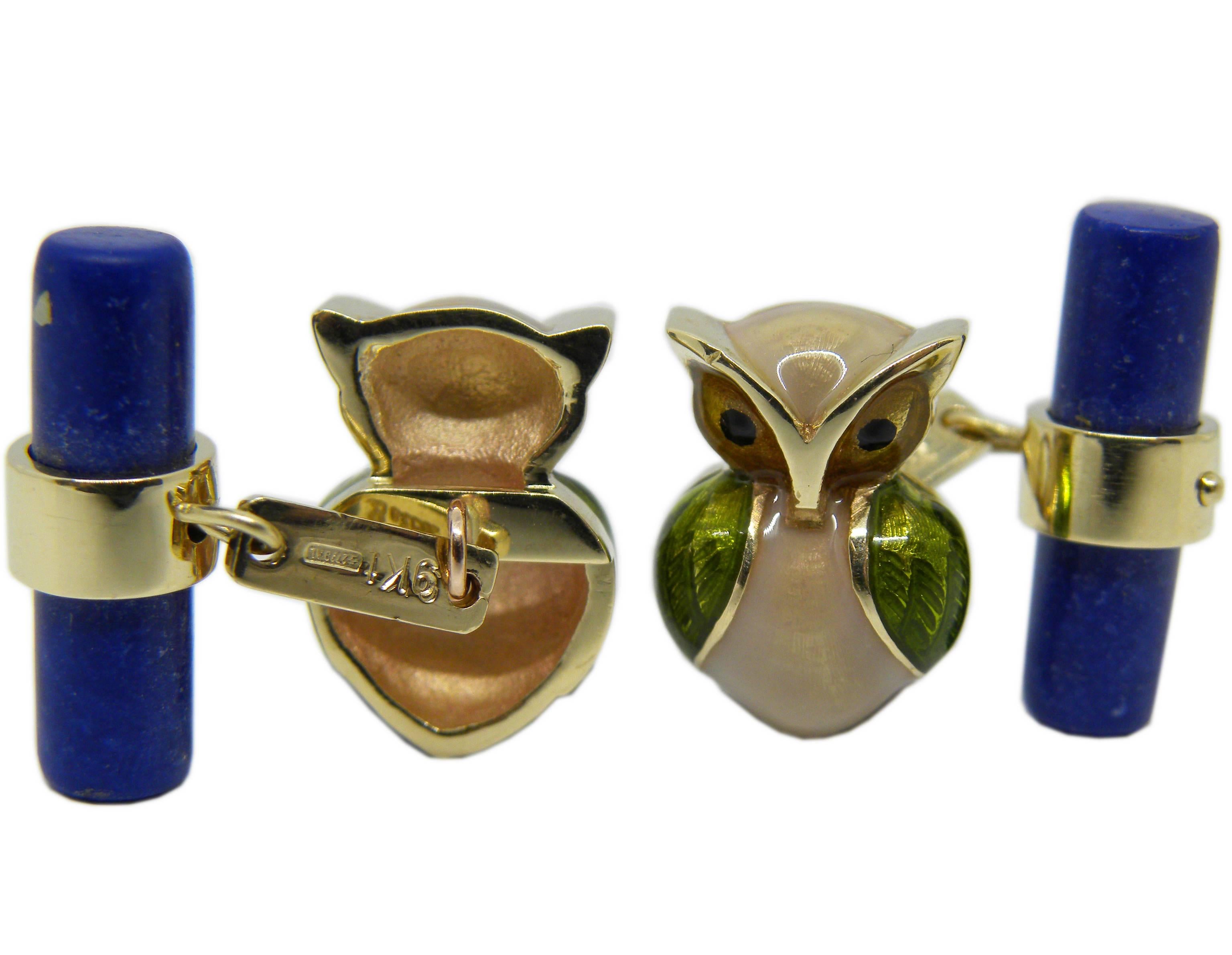 Smart Hand Enamelled Little Owl Shaped Lapis Stick Back Cufflinks, 6.30g 9Carat Yellow Gold Setting.

A fitted smart black box and pouch are included
Owl Size 16x11mm