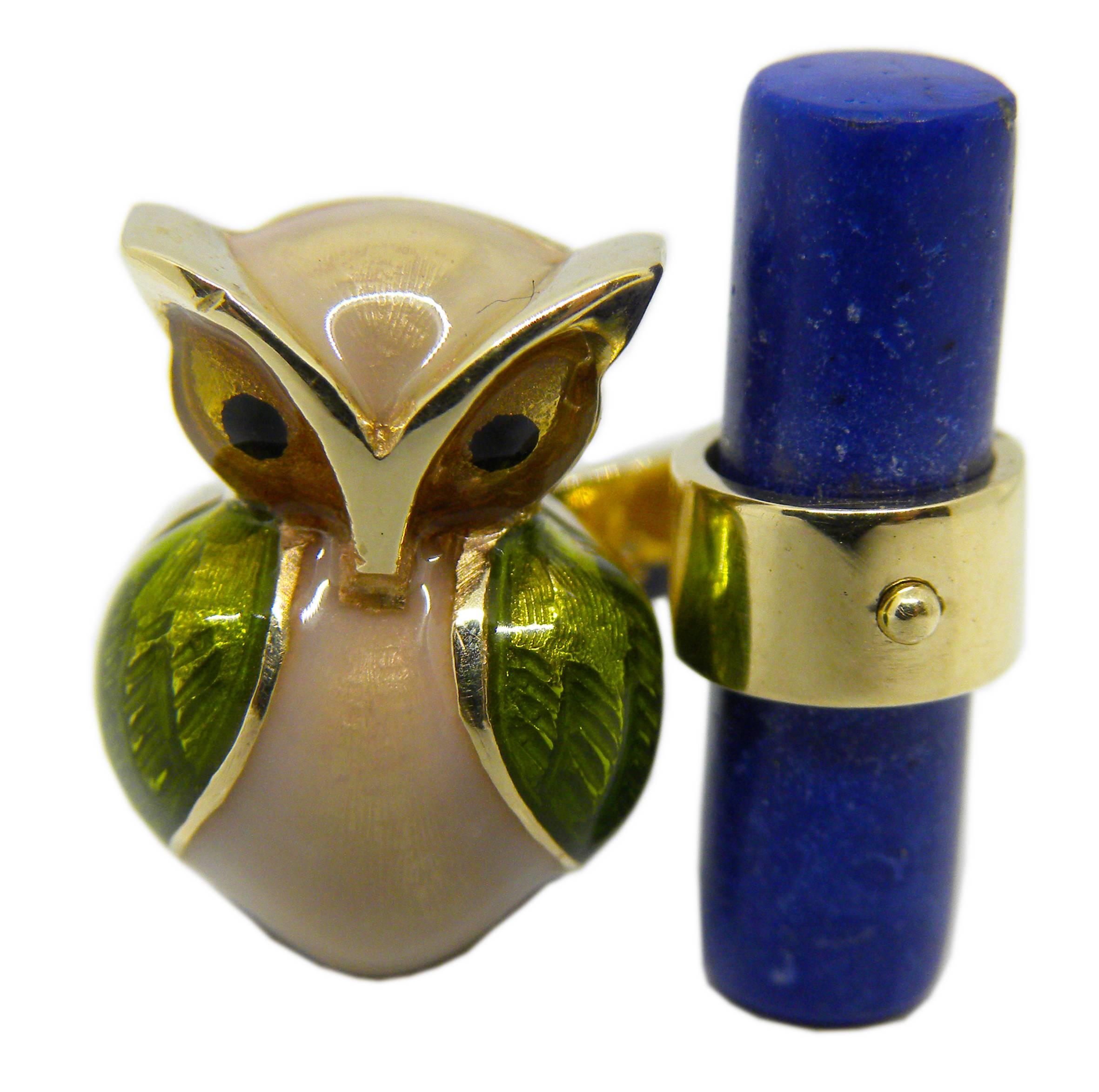Contemporary Hand Enameled Little Owl Shaped Lapis Stick Back Yellow Gold Cufflinks