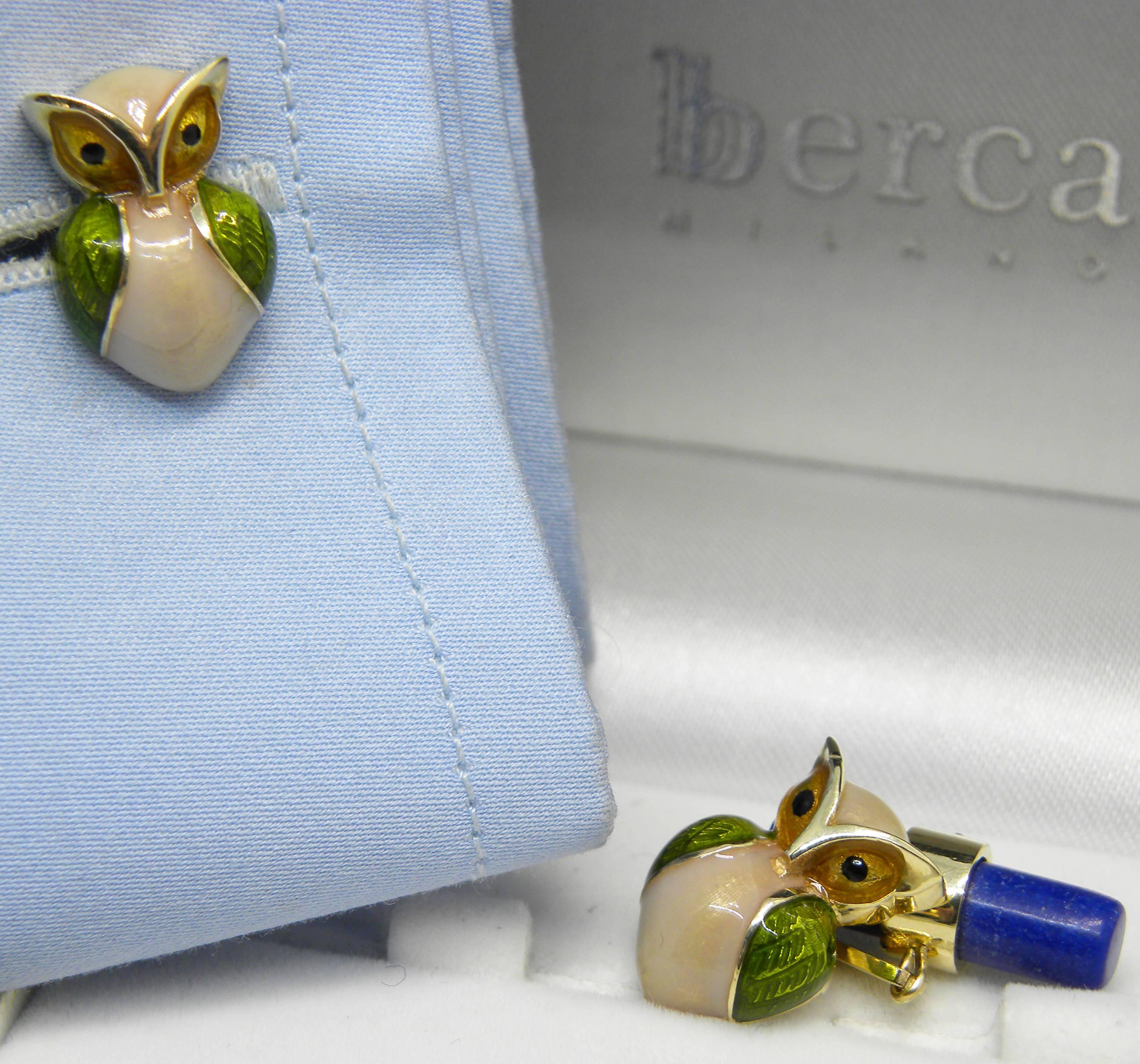 Hand Enameled Little Owl Shaped Lapis Stick Back Yellow Gold Cufflinks 2