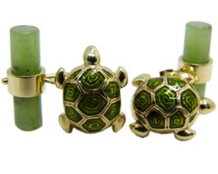 Hand Enamelled Little Turtle Shaped Jade Stick Back Yellow Gold Cufflinks