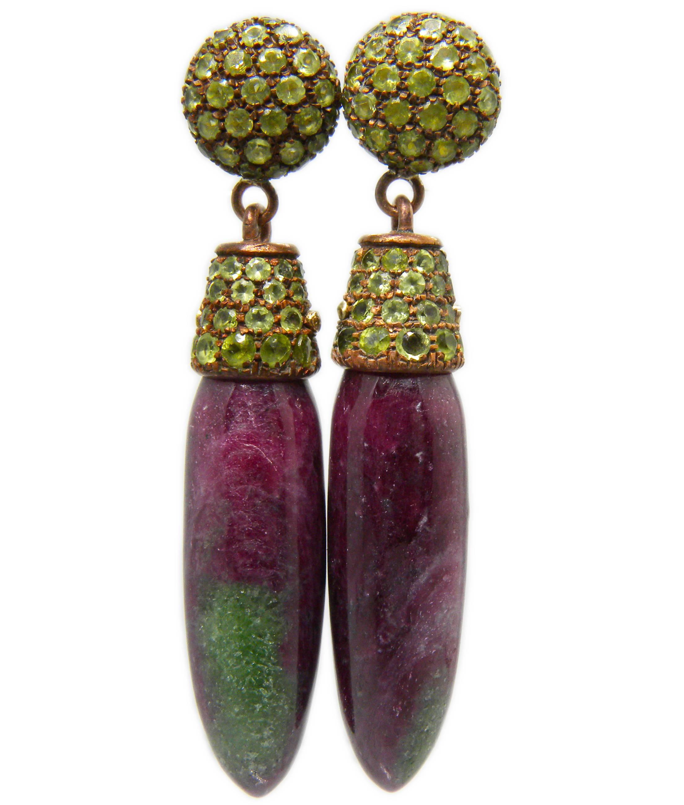 Contemporary  One-of-a-Kind 160 Carat Ruby Peridot Oxidized Setting Drop Earrings