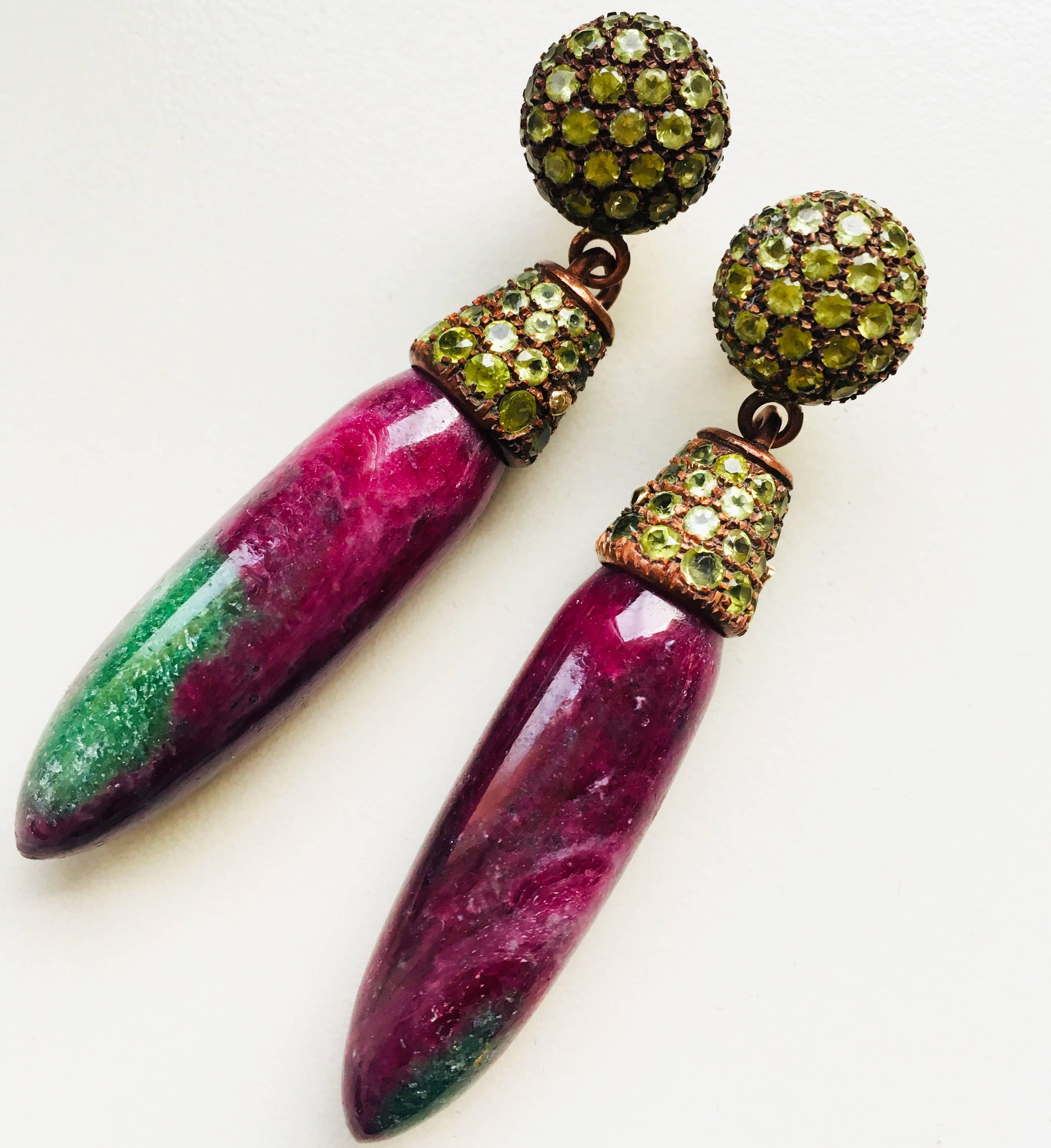  One-of-a-Kind 160 Carat Ruby Peridot Oxidized Setting Drop Earrings 3
