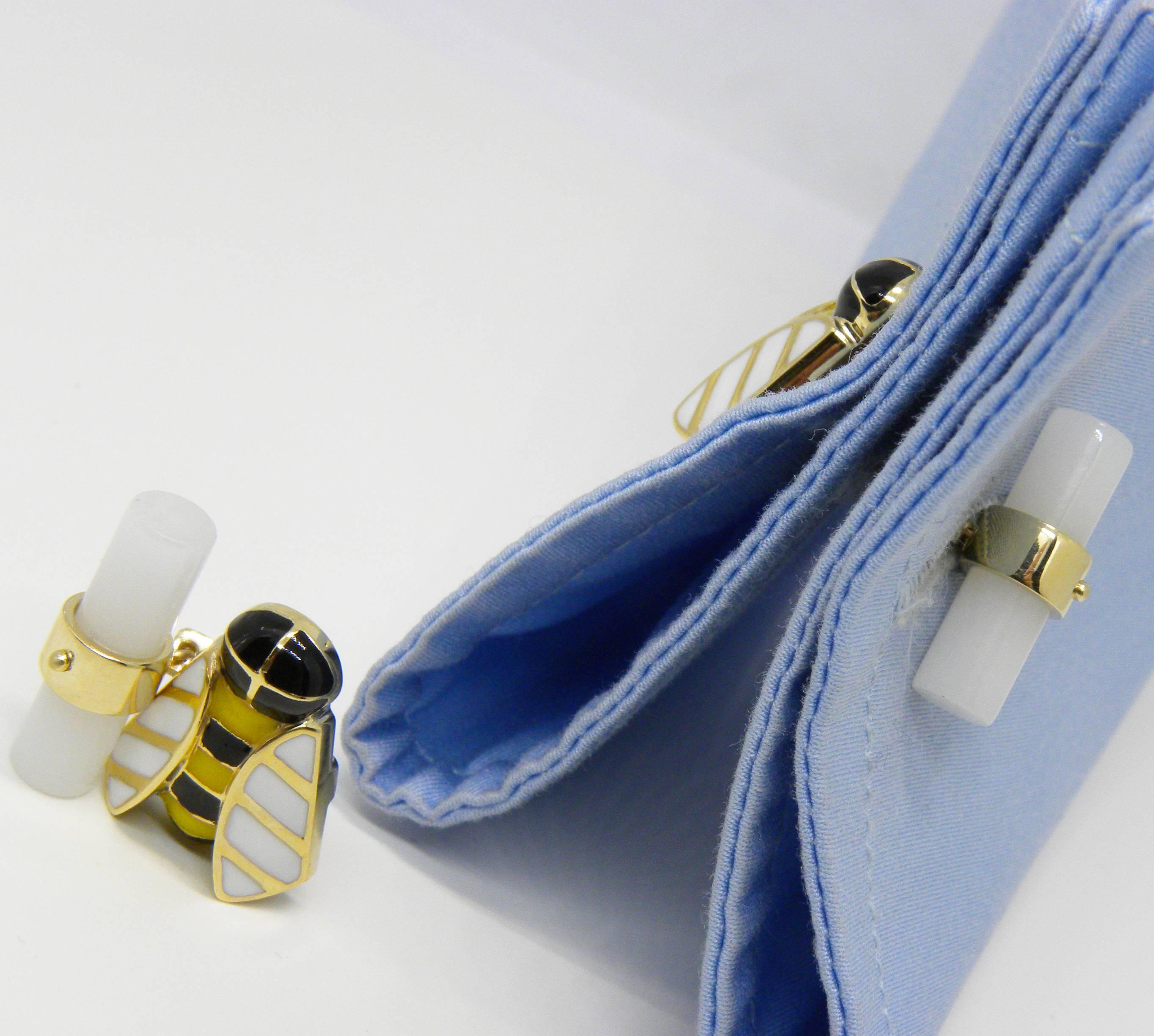 Bullet Cut Berca Enameled Bee Shaped Natural White Agate Stick Back Yellow Gold Cufflinks For Sale