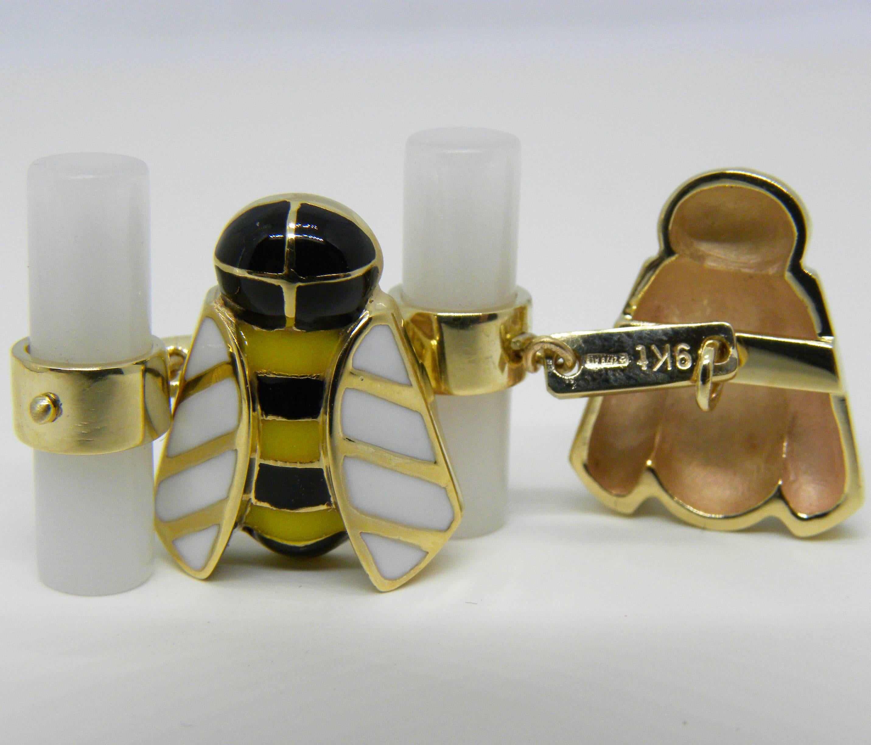 Black White and Yellow Hand Enamelled Bee Shaped Natural White Agate Stick Back, yellow Gold Chic Cufflinks