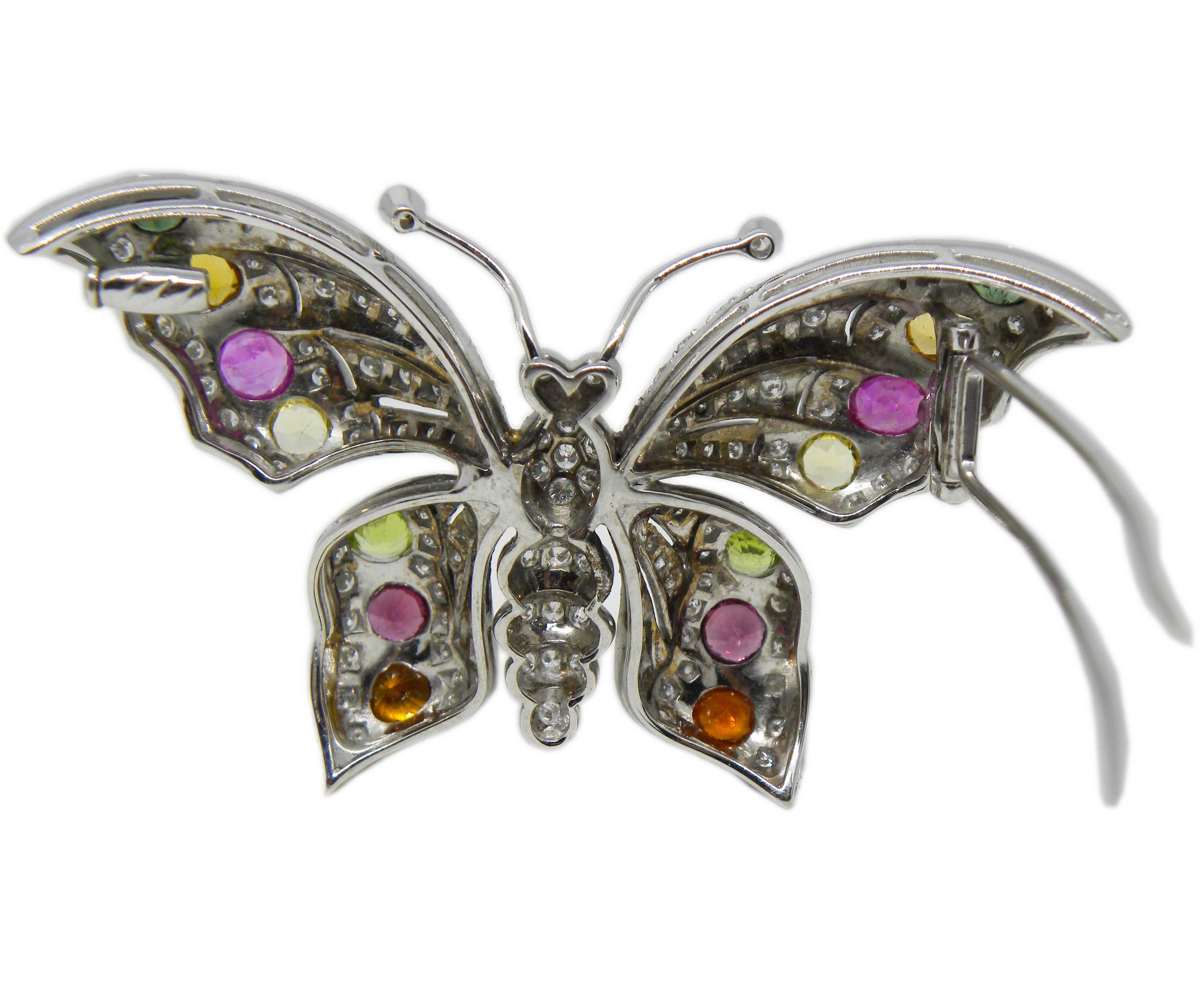 Women's Berca 1980s Diamond Red Pink Green Tourmaline Peridot Citrine Butterfly Brooch