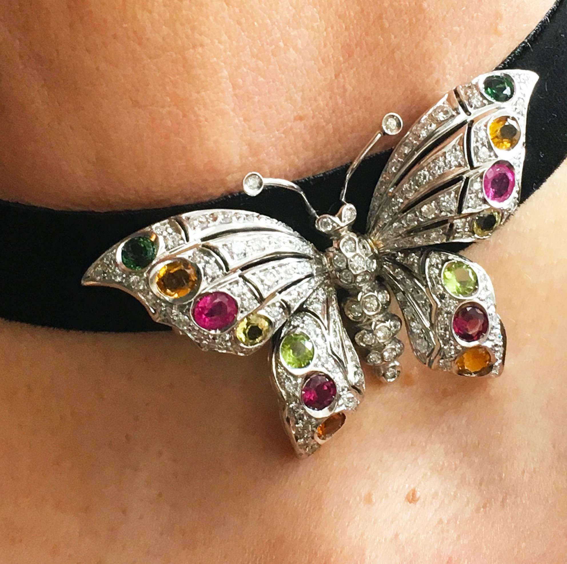 Berca 1980s Diamond Red Pink Green Tourmaline Peridot Citrine Butterfly Brooch In New Condition In Valenza, IT