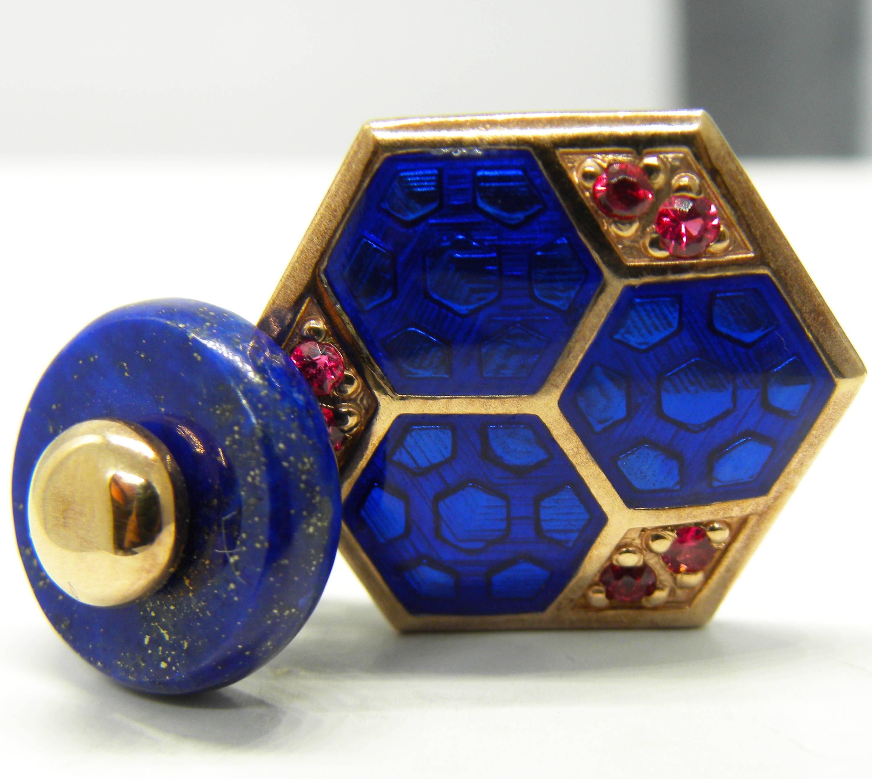 Unique, Smart Cufflinks featuring 0.28 Carat Round Natural Ruby three Blue Hand Enameled small Hexagons, a Lapis Round Disk Back in a chic Rose Gold Setting