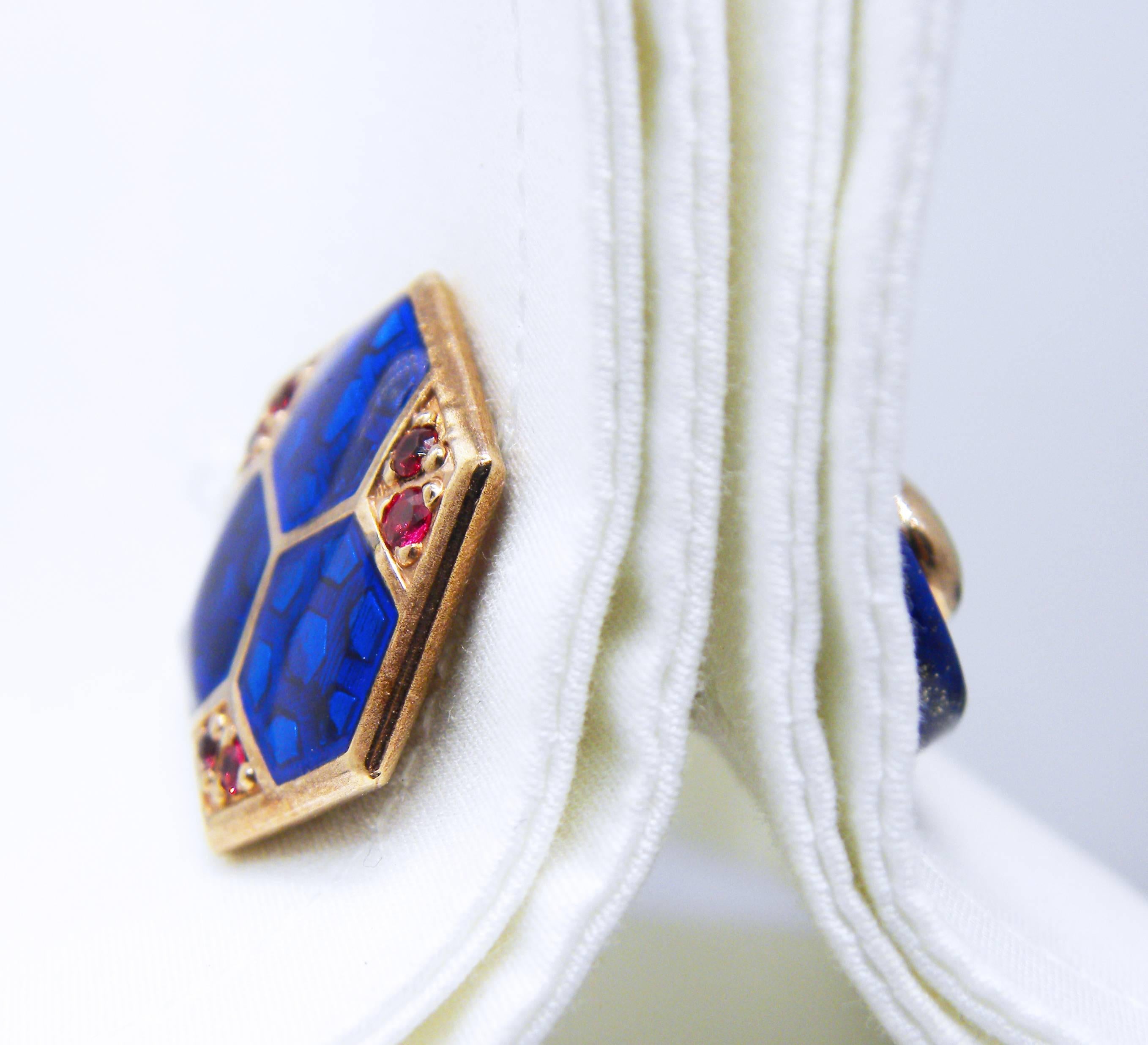 Berca Blue Enameled Natural Round Ruby Lapis Back Rose Gold Setting Cufflinks In New Condition In Valenza, IT