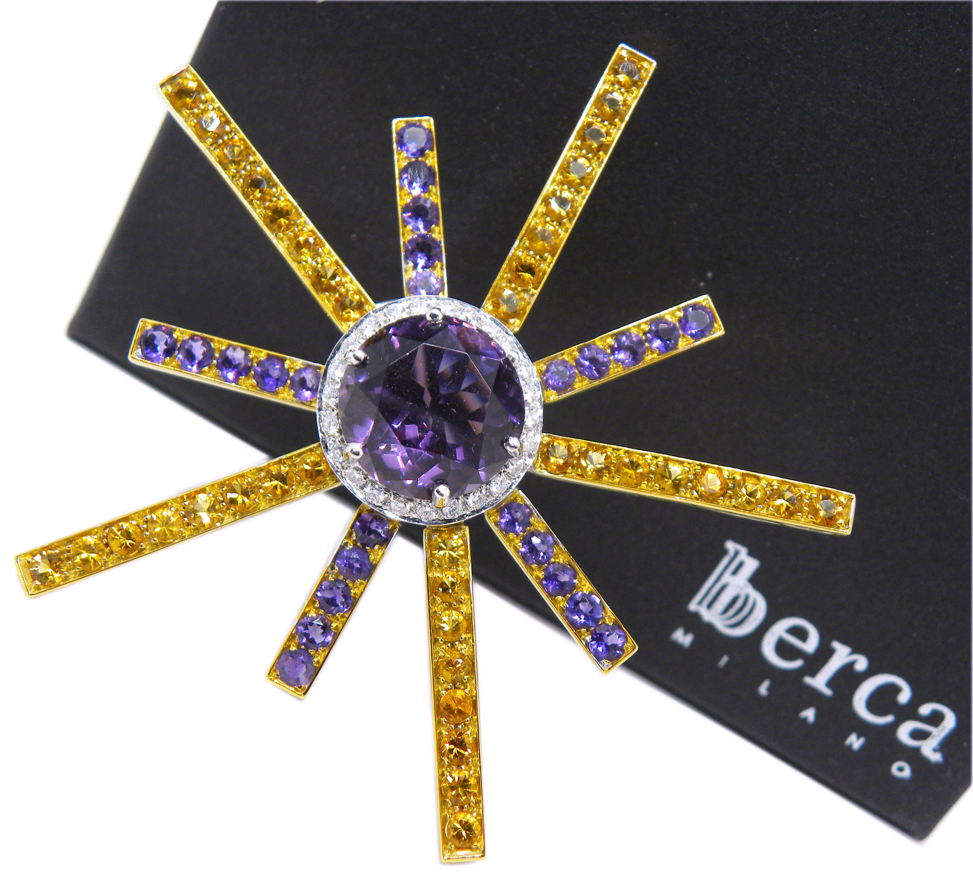 Berca Natural Brilliant Cut Amethyst White Diamond Citrine Star Brooch For Sale 4