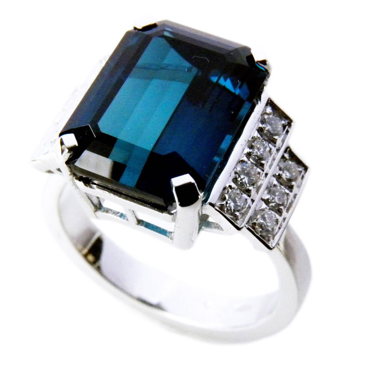Berca GIA Certified 6.58 Karat Octagonal Cut Blue Tourmaline White Diamond Ring For Sale 2