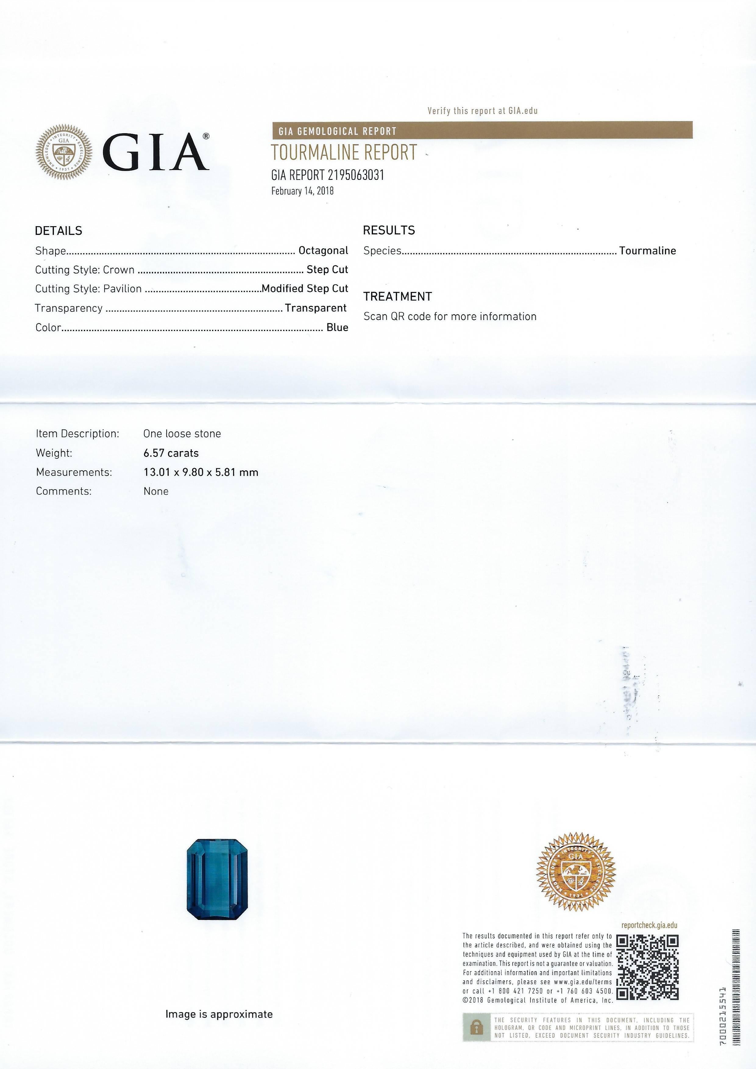 Emerald Cut Berca GIA Certified 6.58 Karat Octagonal Cut Blue Tourmaline White Diamond Ring For Sale