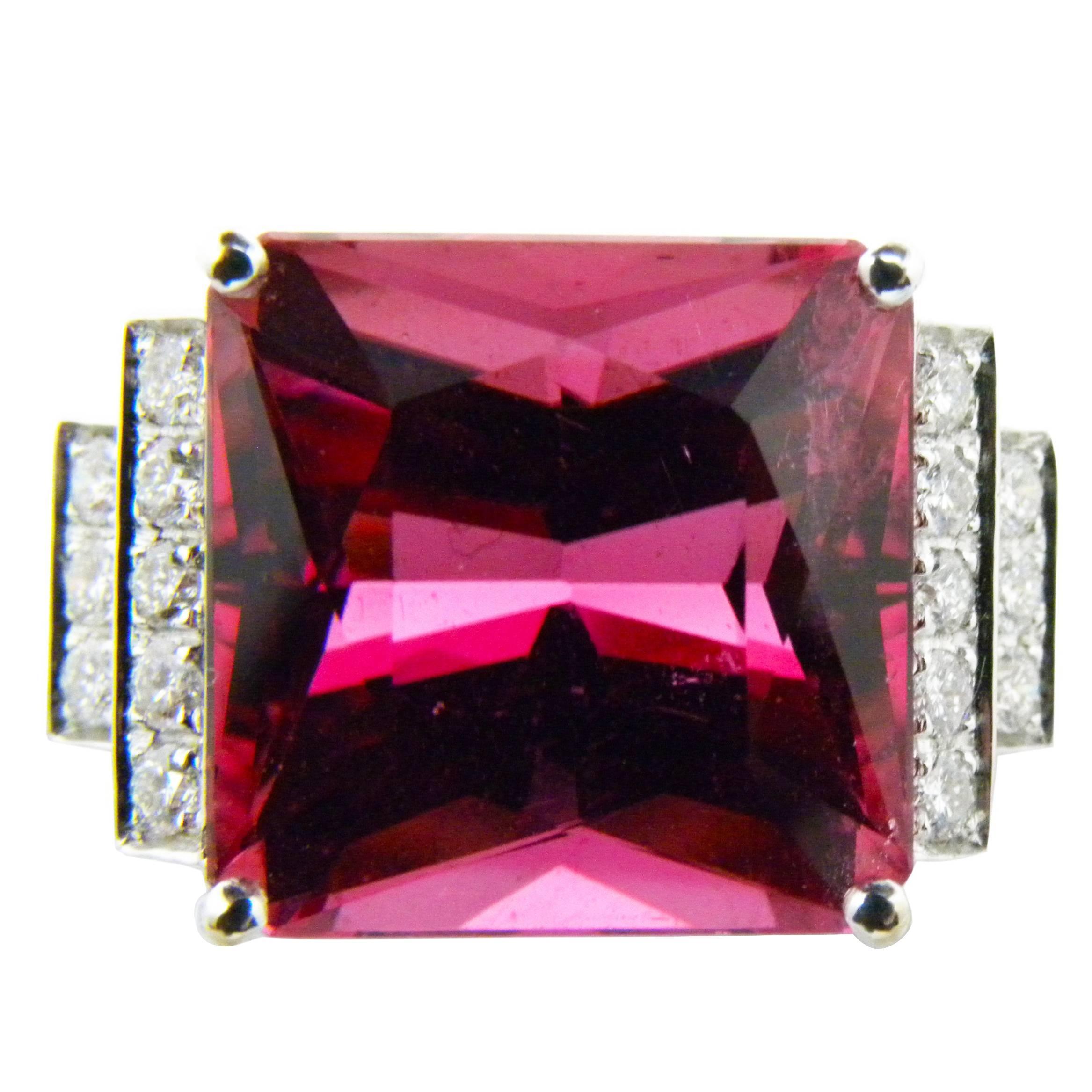 GIA Certified 16.54 Carat Octagonal Cut Pink Tourmaline Diamond Cocktail Ring