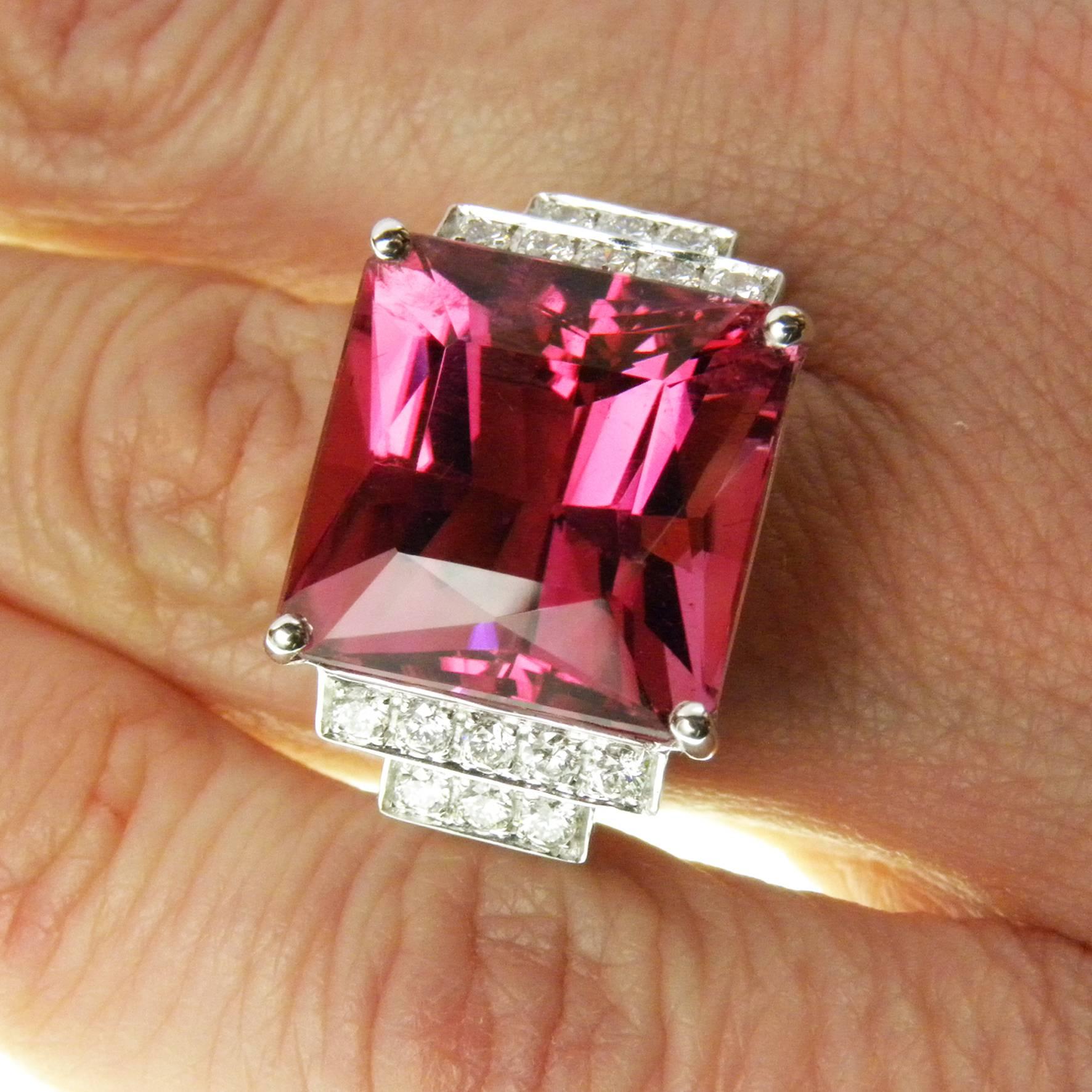 Emerald Cut GIA Certified 16.54 Carat Octagonal Cut Pink Tourmaline Diamond Cocktail Ring