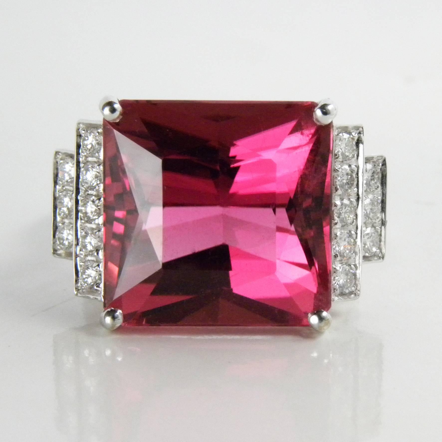 Contemporary GIA Certified 16.54 Carat Octagonal Cut Pink Tourmaline Diamond Cocktail Ring