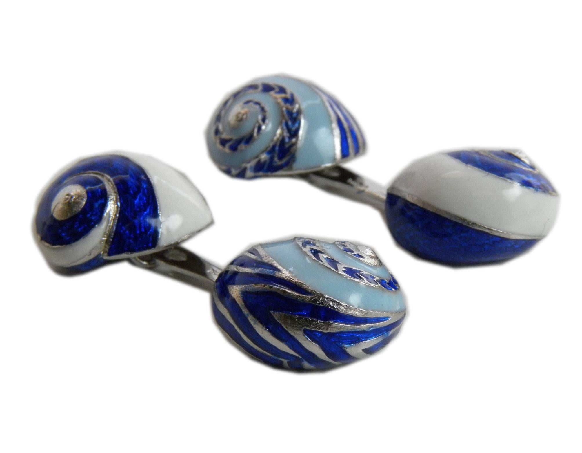 Blue White Light Blue Hand Enamelled Seashell Shaped Sterling Silver Cufflinks 1