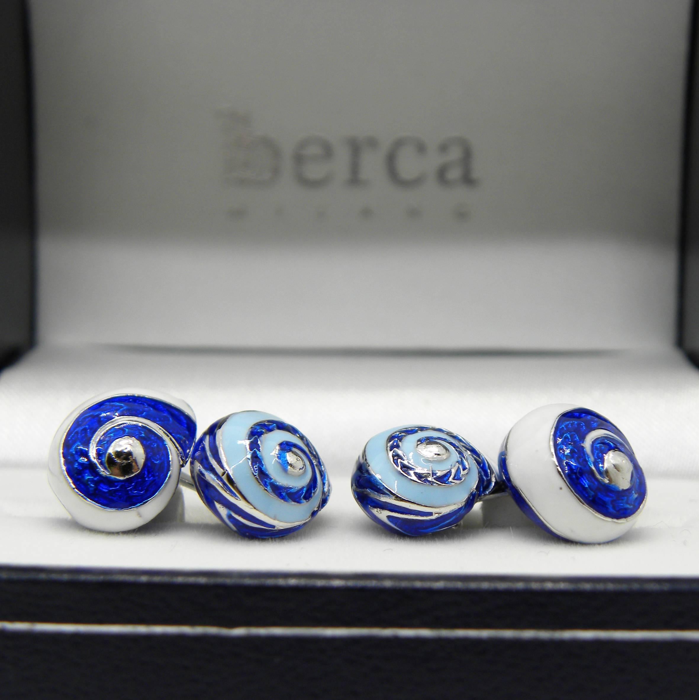 Blue White Light Blue Hand Enamelled Seashell Shaped Sterling Silver Cufflinks 8