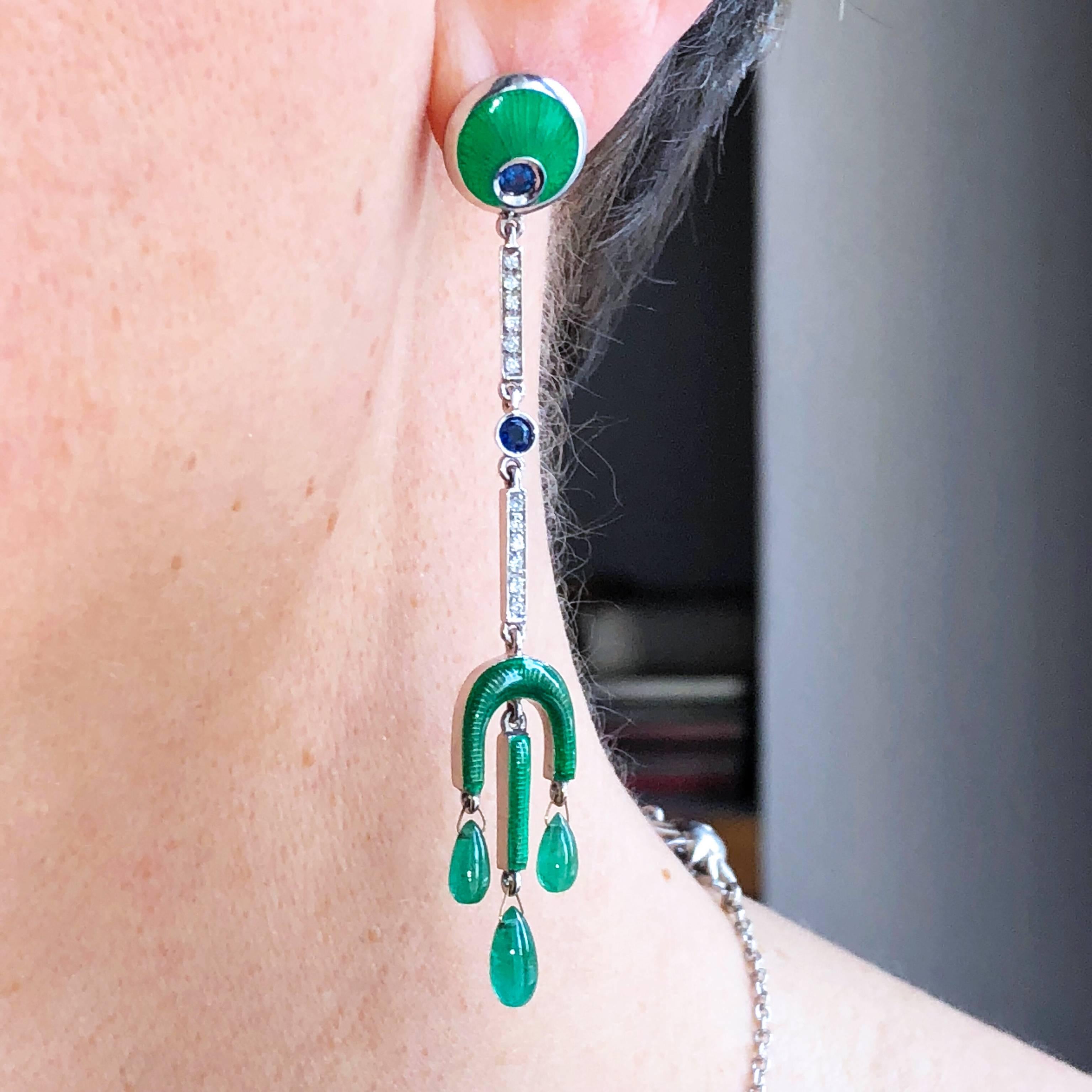 Art Deco Berca Emerald Drops White Diamond Sapphire Enameled Champslevé Drop Earrings For Sale