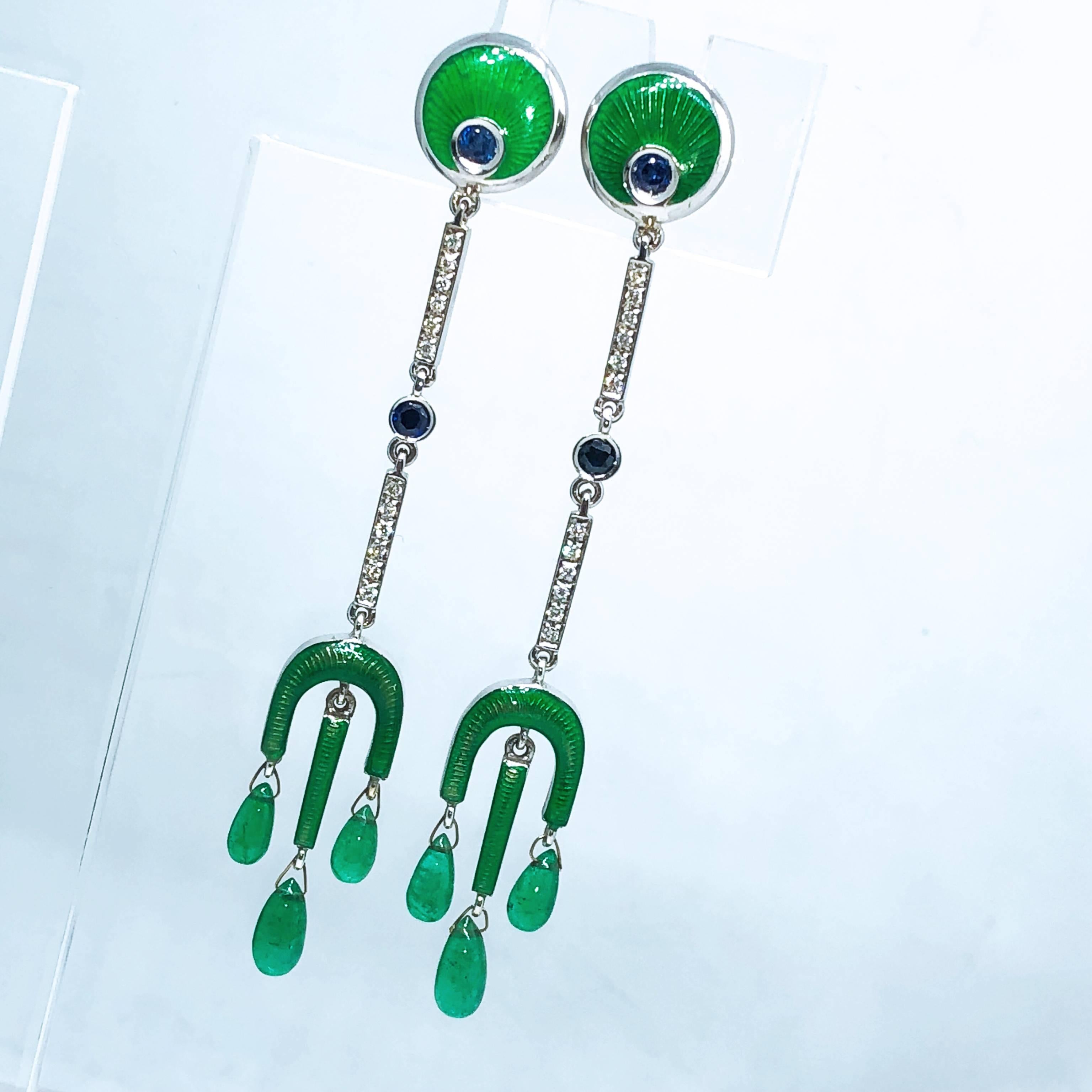 Berca Emerald Drops White Diamond Sapphire Enameled Champslevé Drop Earrings In New Condition For Sale In Valenza, IT