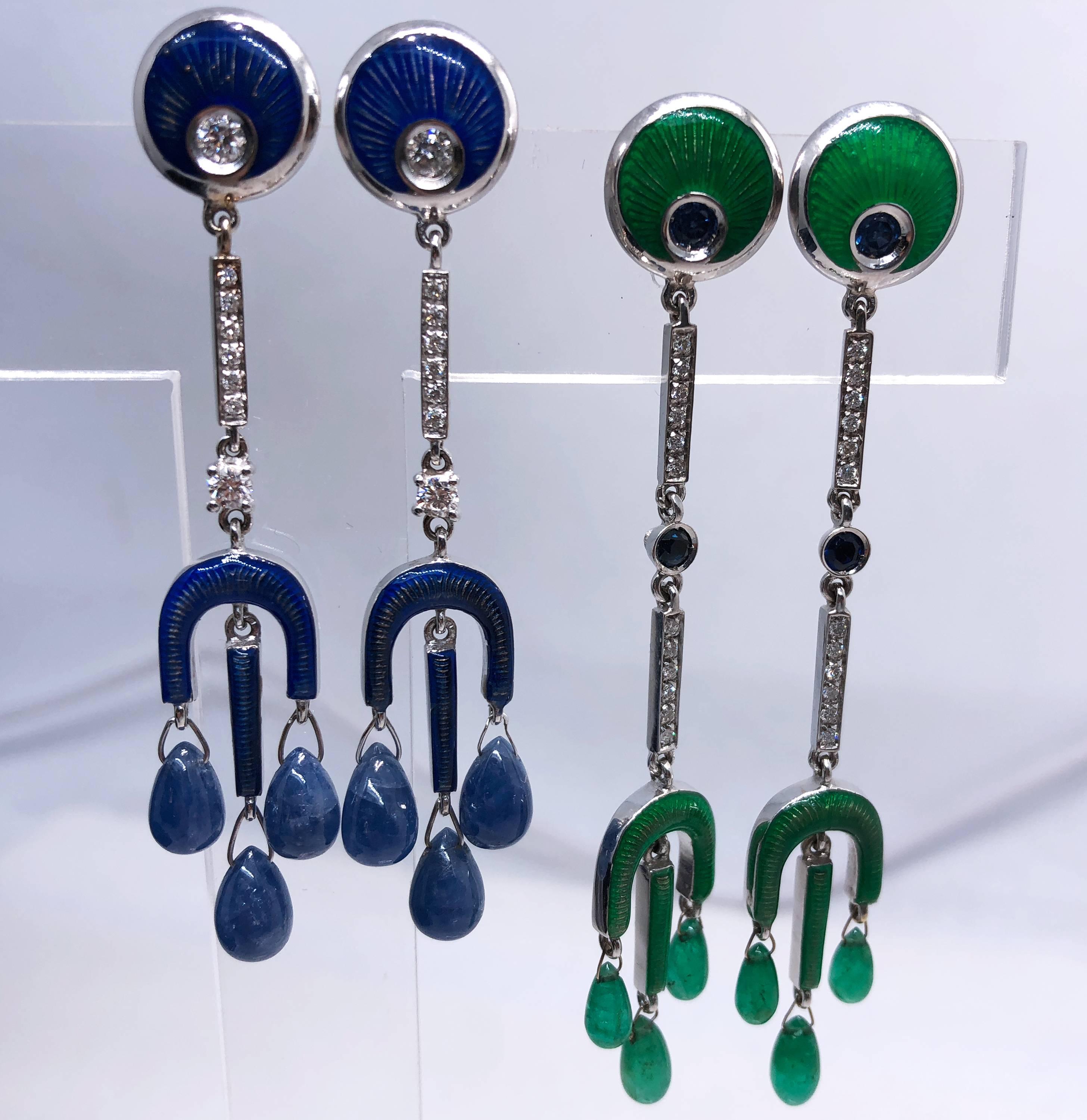 Berca Emerald Drops White Diamond Sapphire Enameled Champslevé Drop Earrings For Sale 2