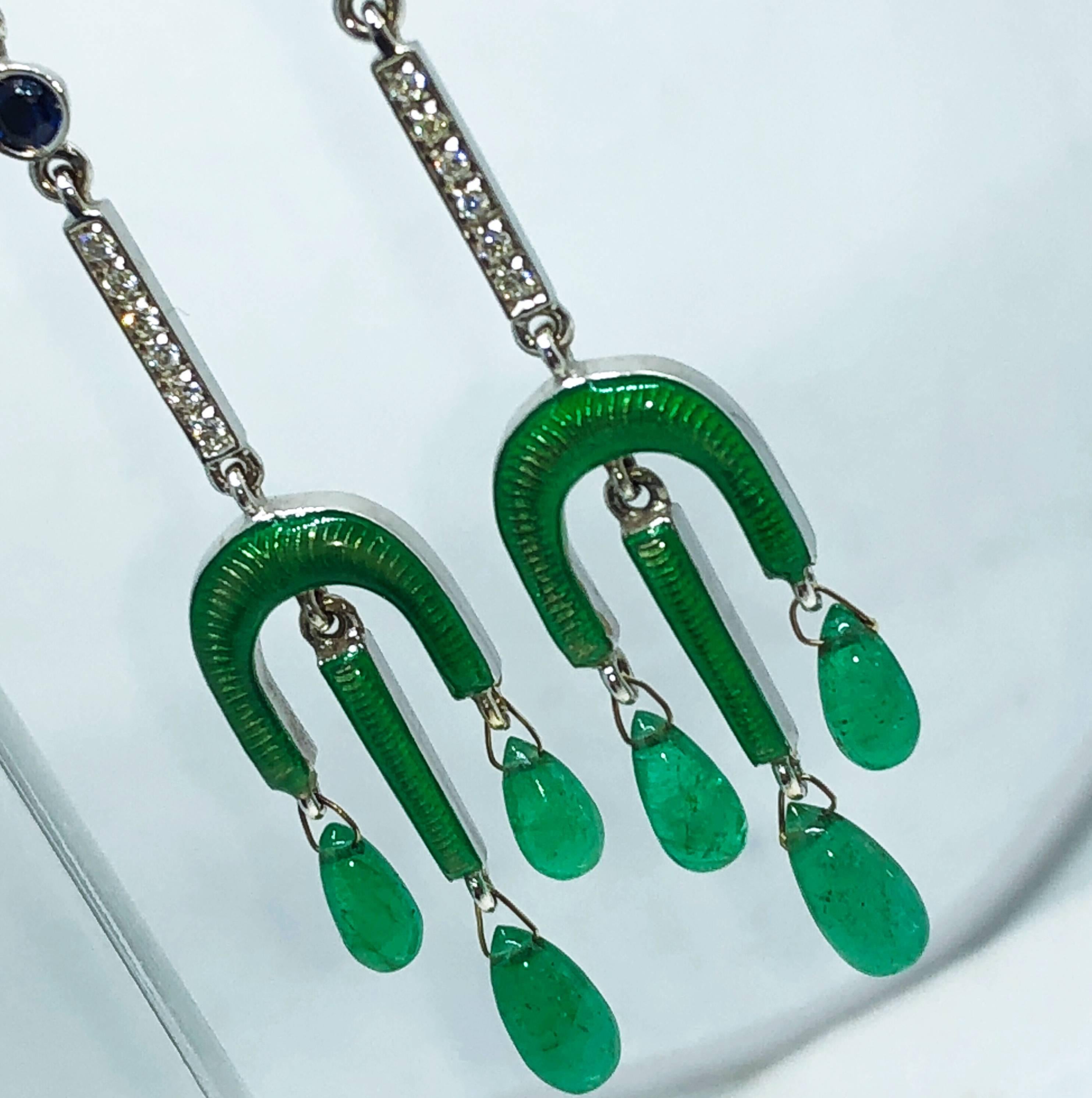 Emerald Cut Berca Emerald Drops White Diamond Sapphire Enameled Champslevé Drop Earrings For Sale