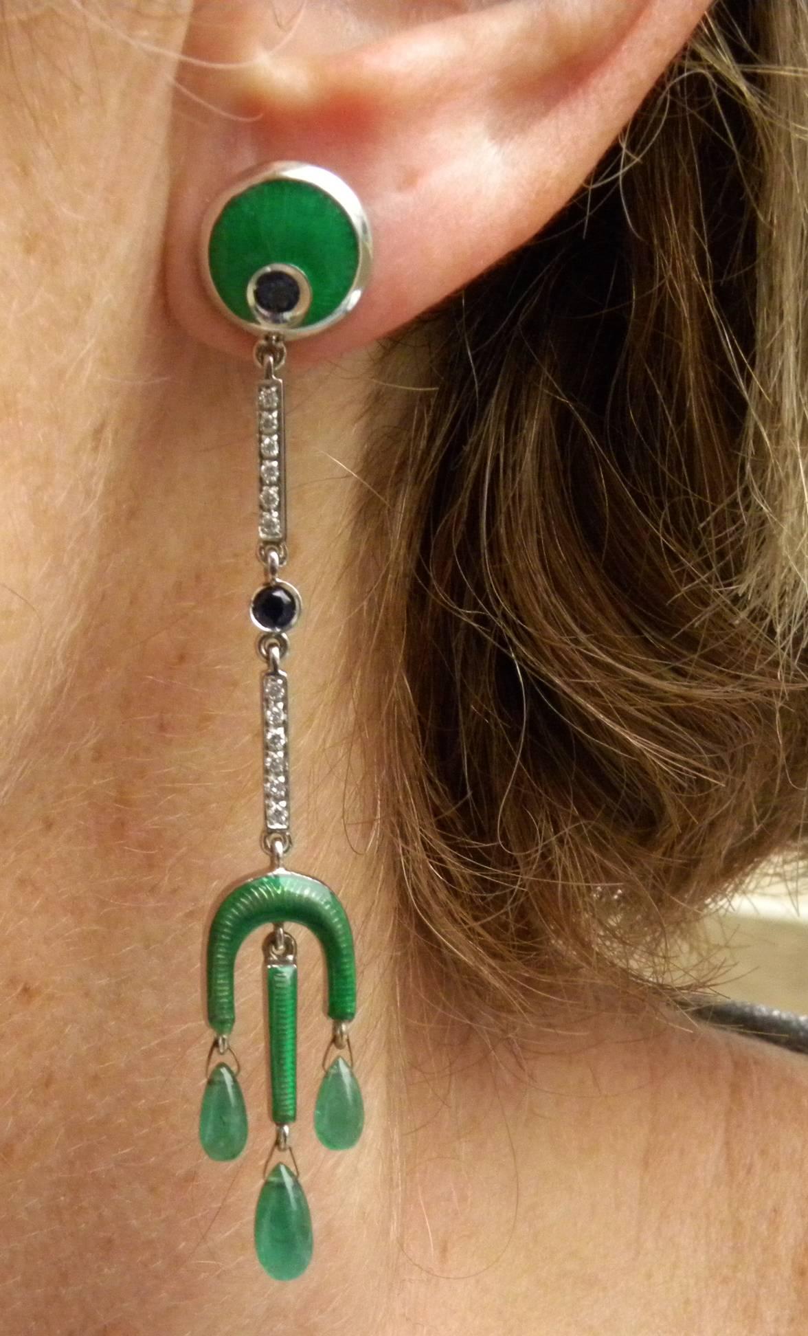 Berca Emerald Drops White Diamond Sapphire Enameled Champslevé Drop Earrings For Sale 5