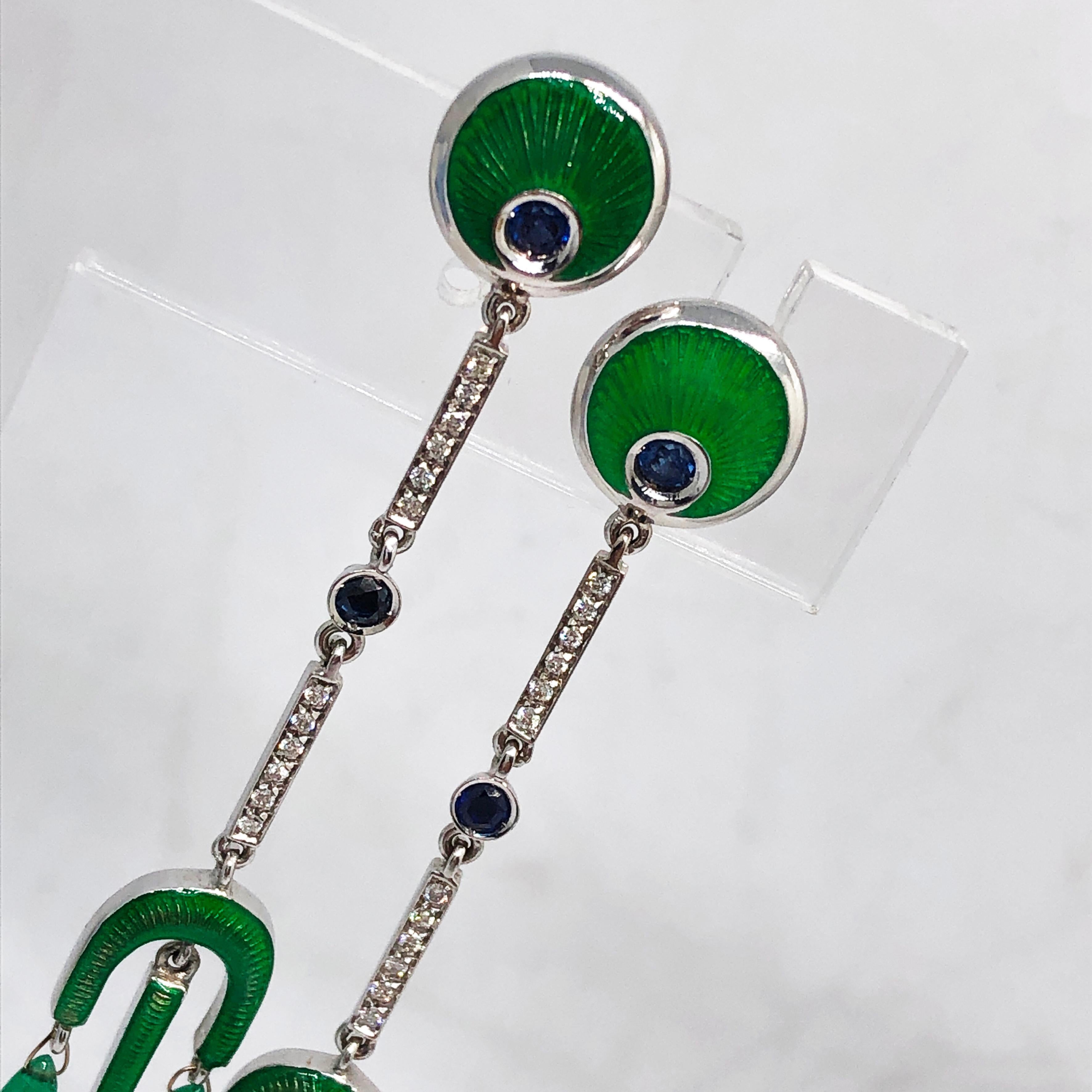 Berca Emerald Drops White Diamond Sapphire Enameled Champslevé Drop Earrings For Sale 1