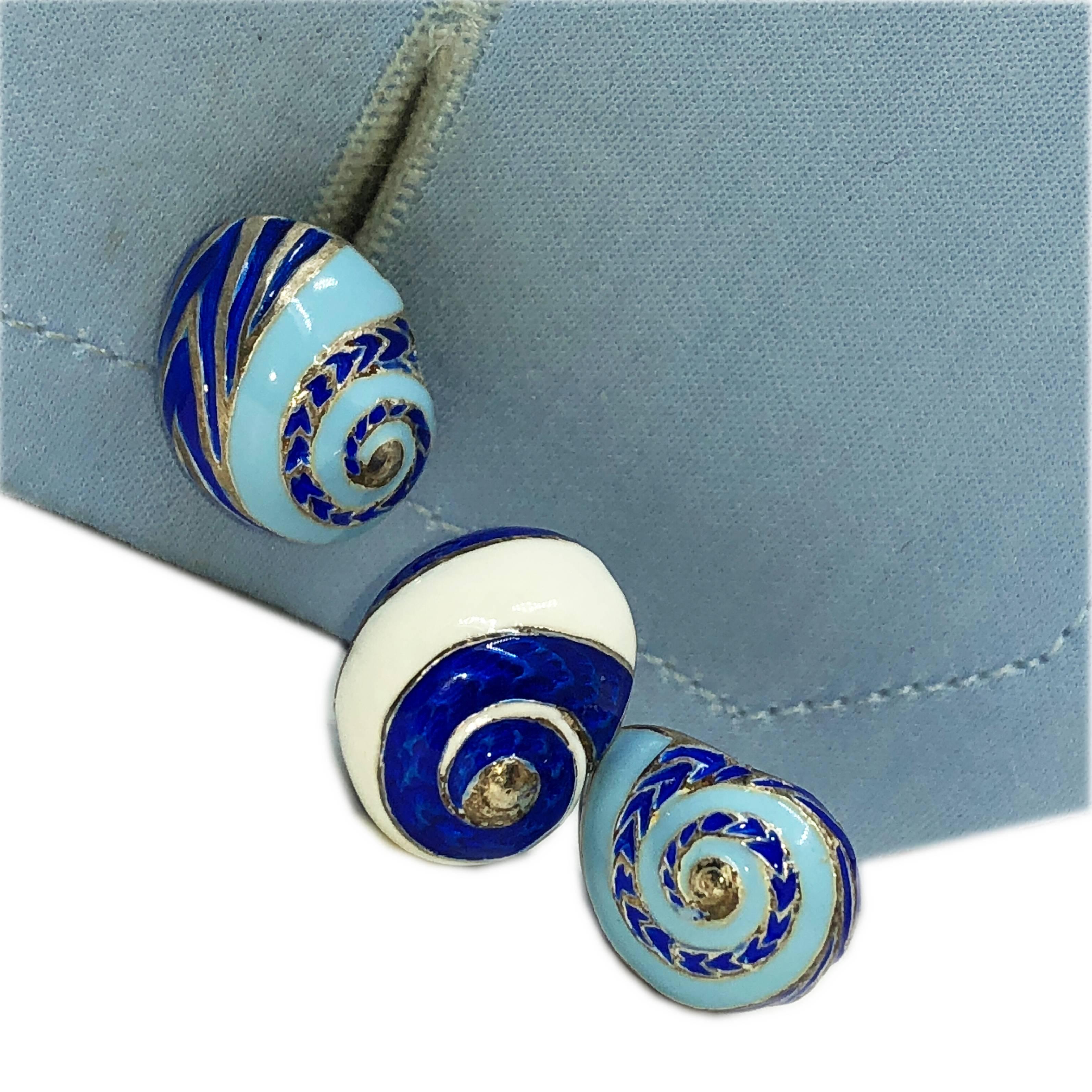 Contemporary Blue White Light Blue Hand Enameled Seashell Shaped Sterling Silver Cufflinks