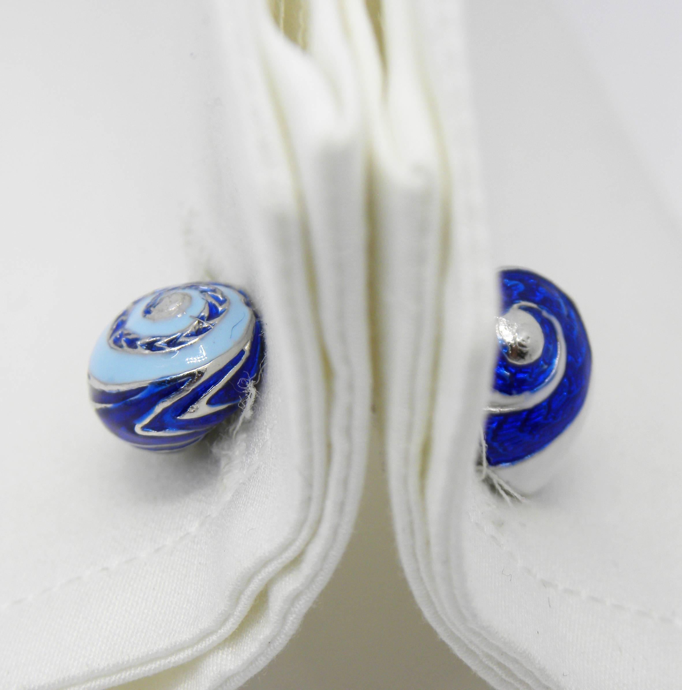 Men's Blue White Light Blue Hand Enameled Seashell Shaped Sterling Silver Cufflinks