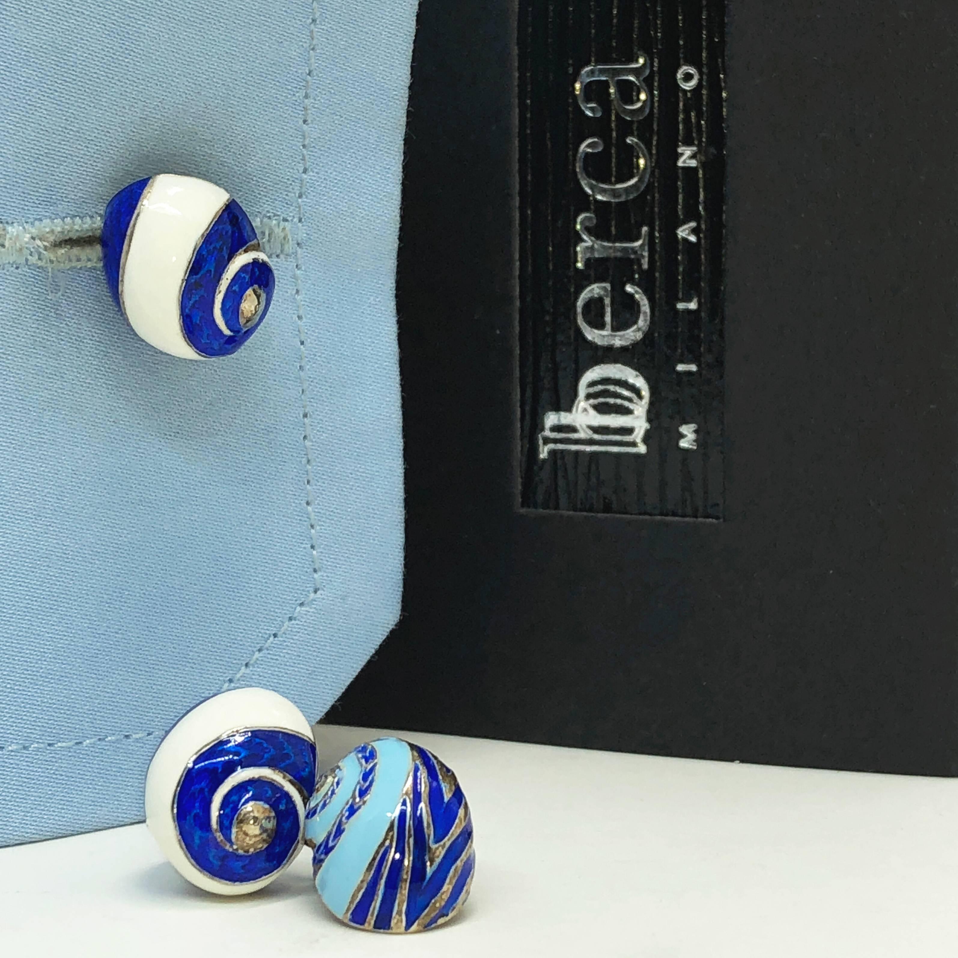 Blue White Light Blue Hand Enameled Seashell Shaped Sterling Silver Cufflinks 12