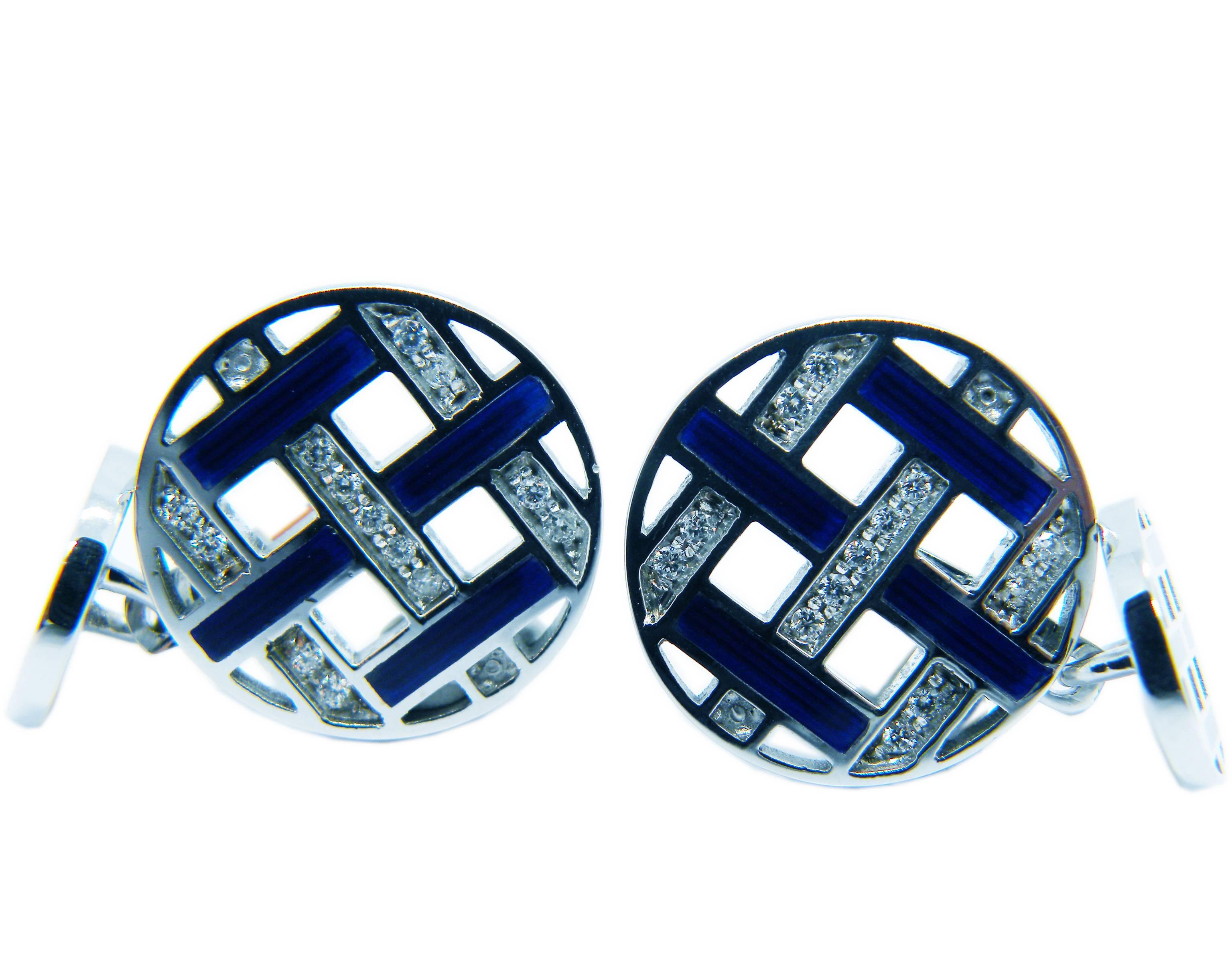 Contemporary Berca White Diamond Blue Enameled Disk Shaped White Gold Setting Cufflinks For Sale