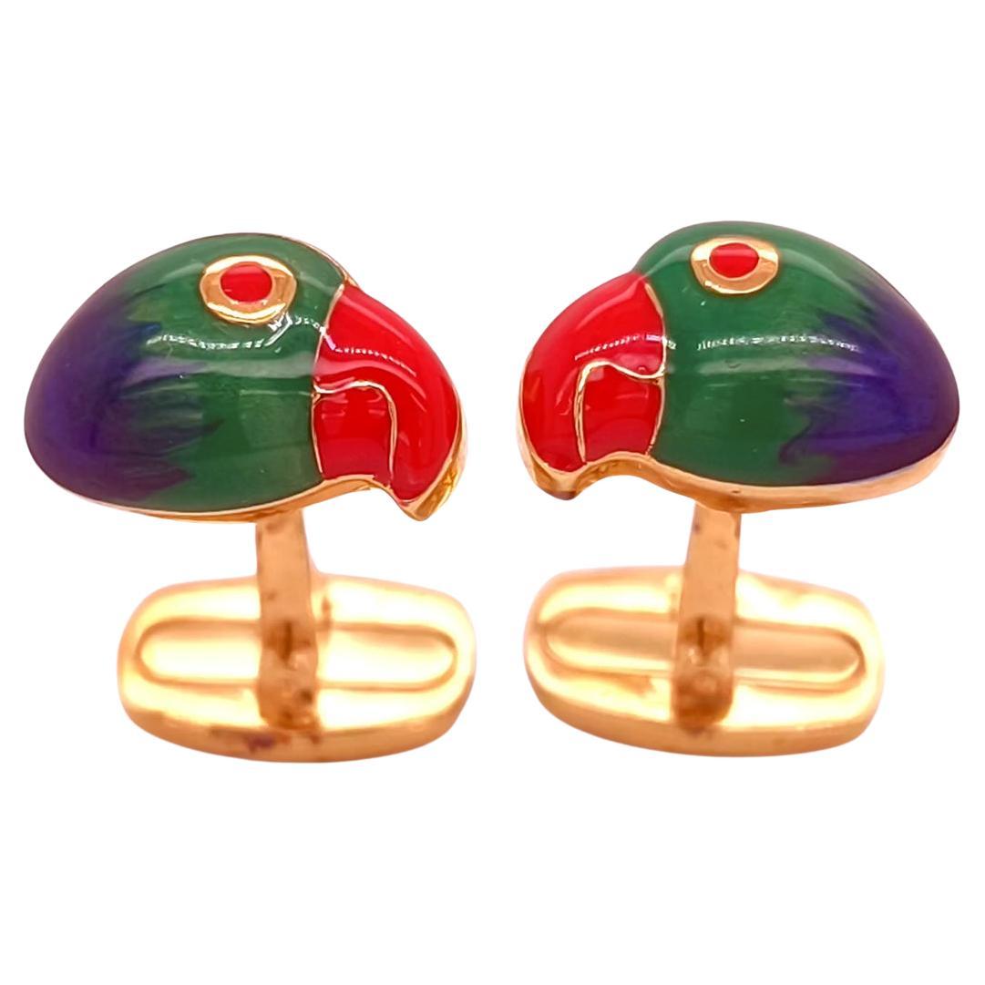 Gemelli Berca con pappagallo brasiliano smaltato a mano in argento 925 placcato oro