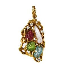 Arthur King Free Form Pearl Ruby Gold Pendant Brooch 10