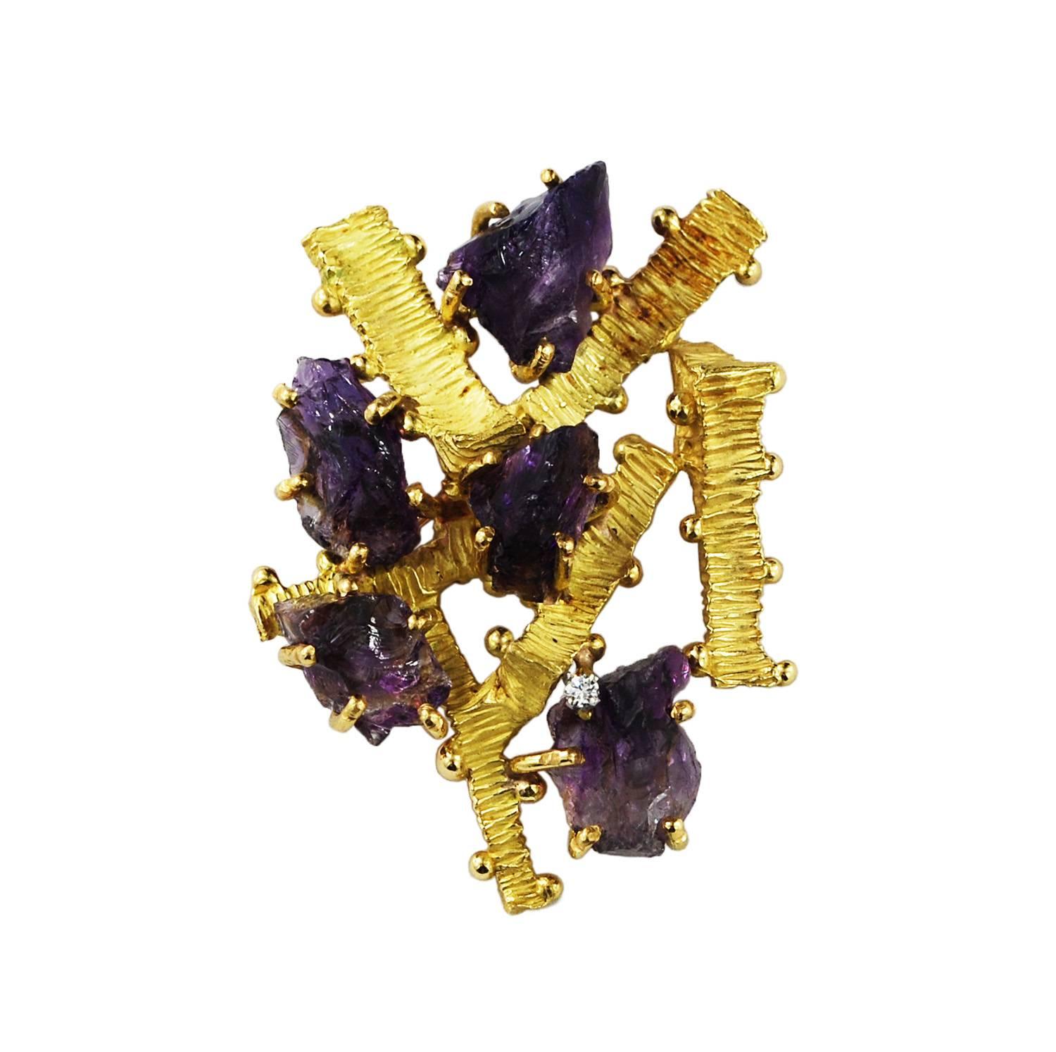Vintage 18 Karat Gold Amethyst Crystal Pin Brooch