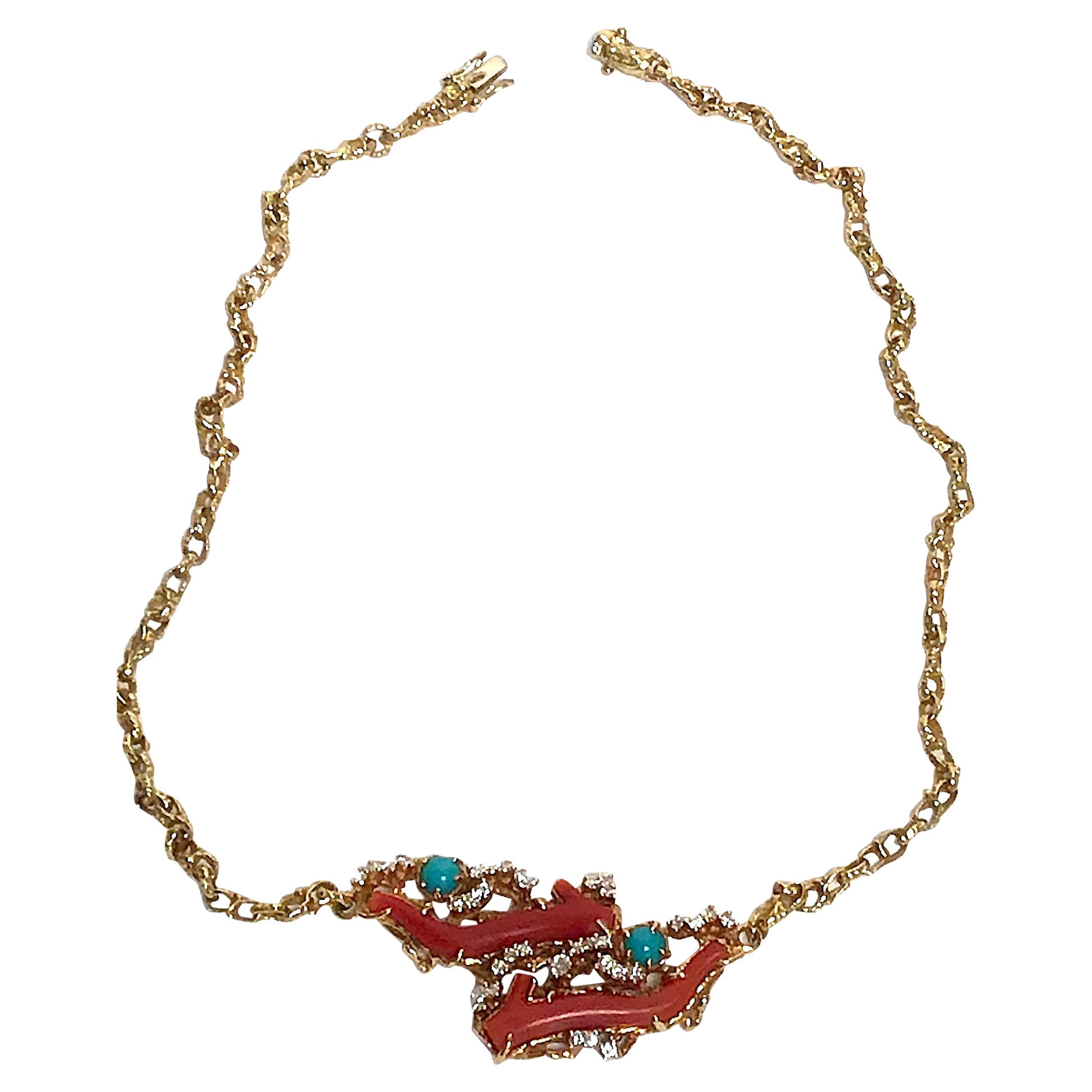Arthur King Jewelry 18 Karat Yellow Gold Coral Diamond Necklace, circa 1970 For Sale