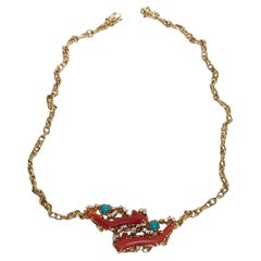 Vintage Arthur King Jewelry 18 Karat Yellow Gold Coral Diamond Necklace, circa 1970