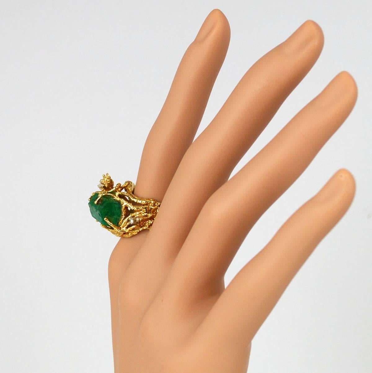 Women's or Men's Raw Emerald Diamond Gold Freeform Modern Ring 