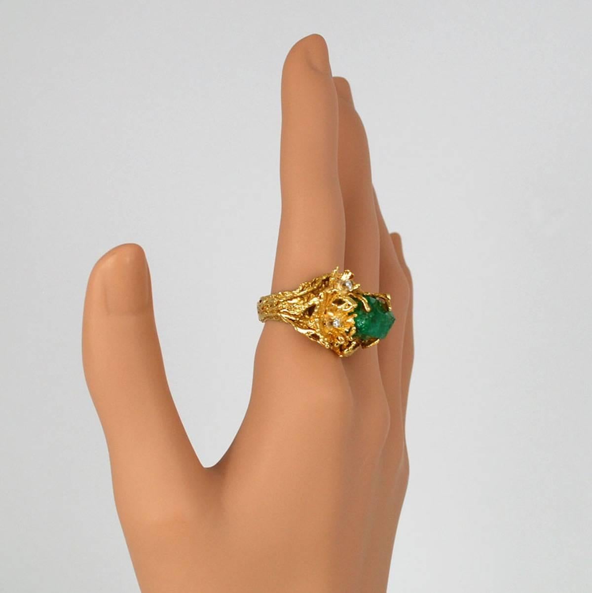 Raw Emerald Diamond Gold Freeform Modern Ring  1