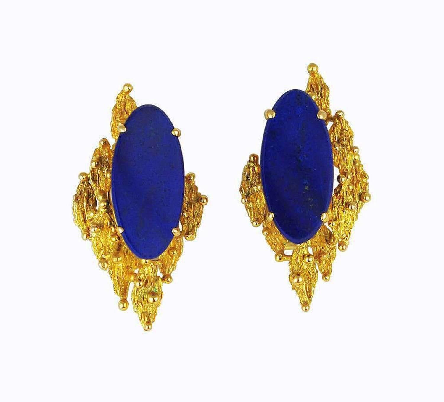 Moderniste Ensemble de boucles d'oreilles pendantes en or 14 carats et lapis abstrait moderniste, circa 1970 en vente