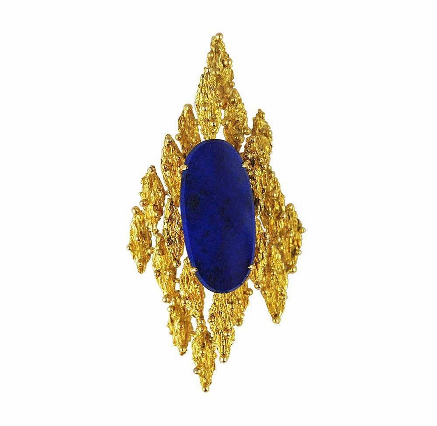 One of the kind handmade lapis jewelry set featuring clip on earrings, ring and large pendant/brooch. High quality, intensely blue lapis lazuli with a flat, polished finish set into  14K textured gold.  Pendant has large hidden loop in back for use