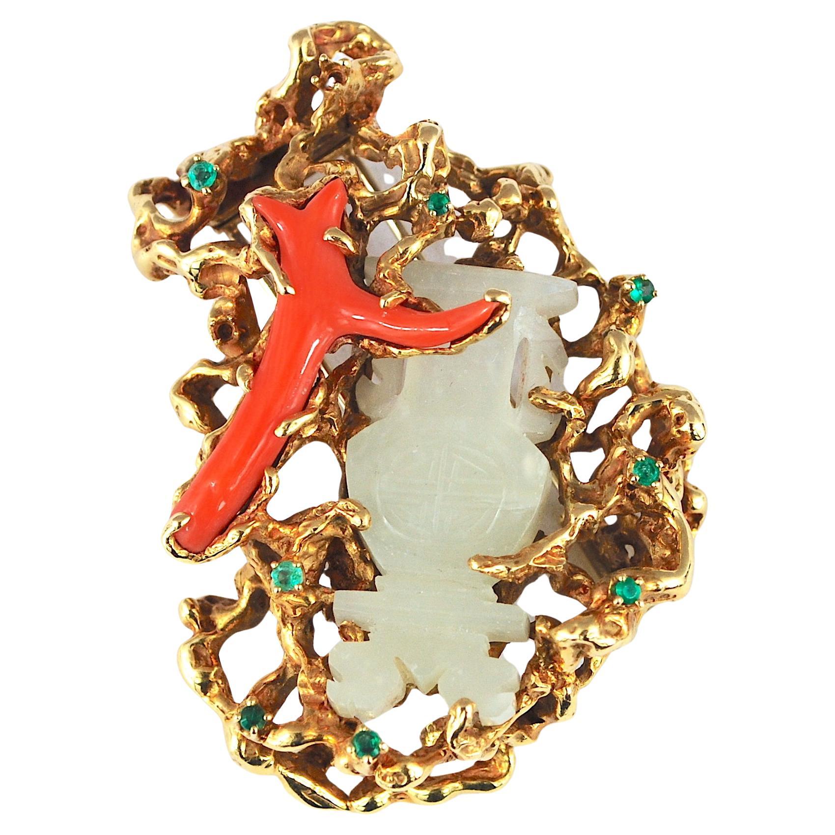 Arthur King Brooch Coral Jade 18 Karat Gold Freeform, circa 1960