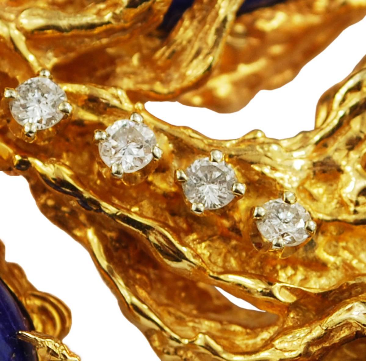 Lapis 14 Karat Gold Diamond Brooch Freenform Large, Vintage circa 1970 In Excellent Condition In Austin, TX