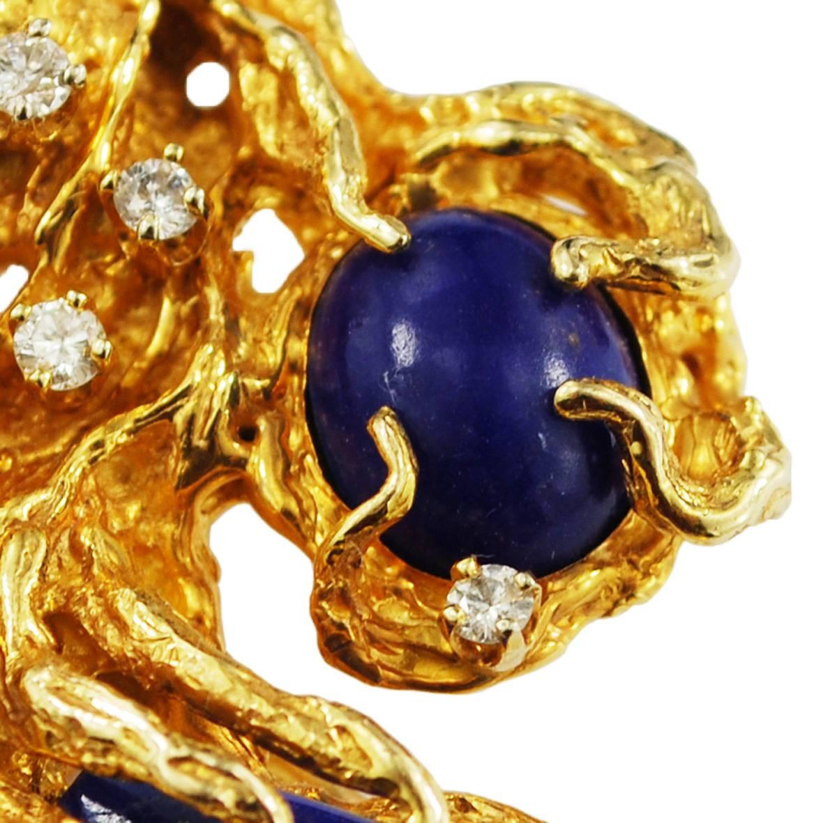 Lapis 14 Karat Gold Diamond Brooch Freenform Large, Vintage circa 1970 1