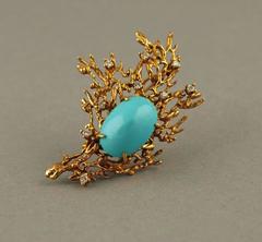 Persian Turquoise 14 Karat Gold Brooch Diamond, Vintage
