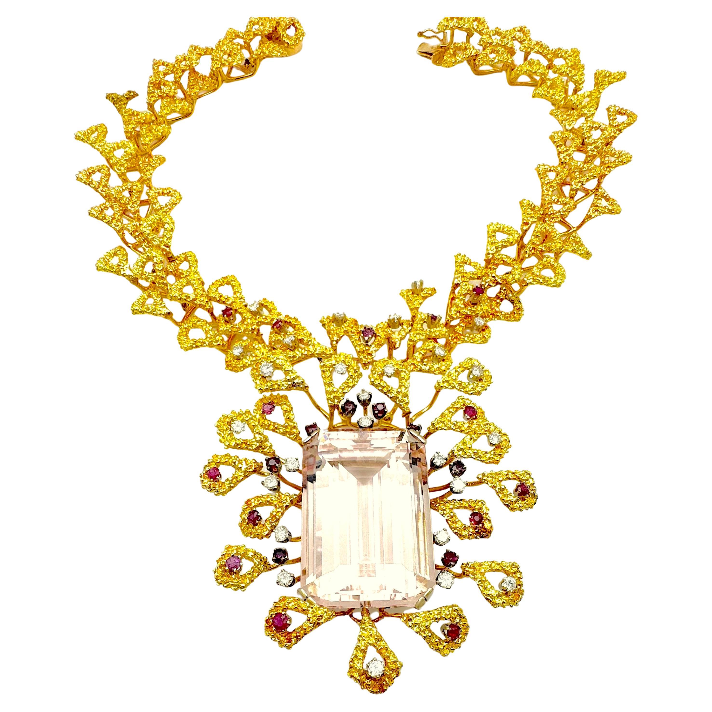 Vintage 14k Yellow Gold Ruby Kunzite Statement Necklace Barbara Anton ca 1970 For Sale