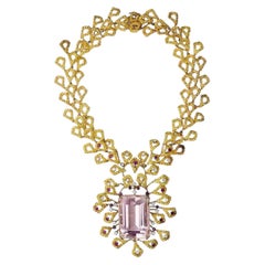 Heavy 18k Yellow Gold Kunzite Diamond Statement Necklace Barbara Anton Vintage